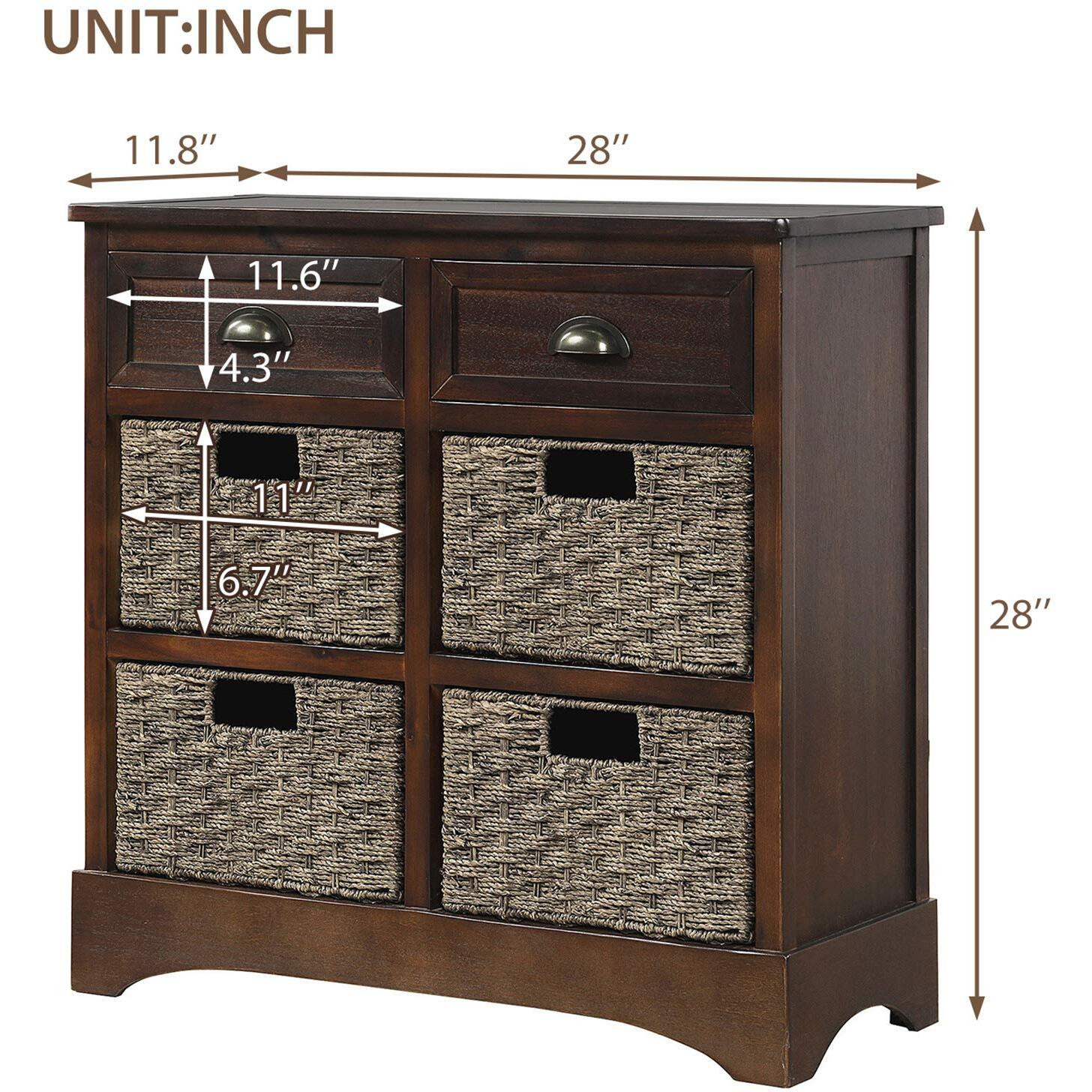 P Purlove Storage Chest Retro Style Storage Cabinet Storage Unit With 2 Wood Drawers And 4 Wicker Baskets For Home Kitchen Entryway Living Room (Espresso)