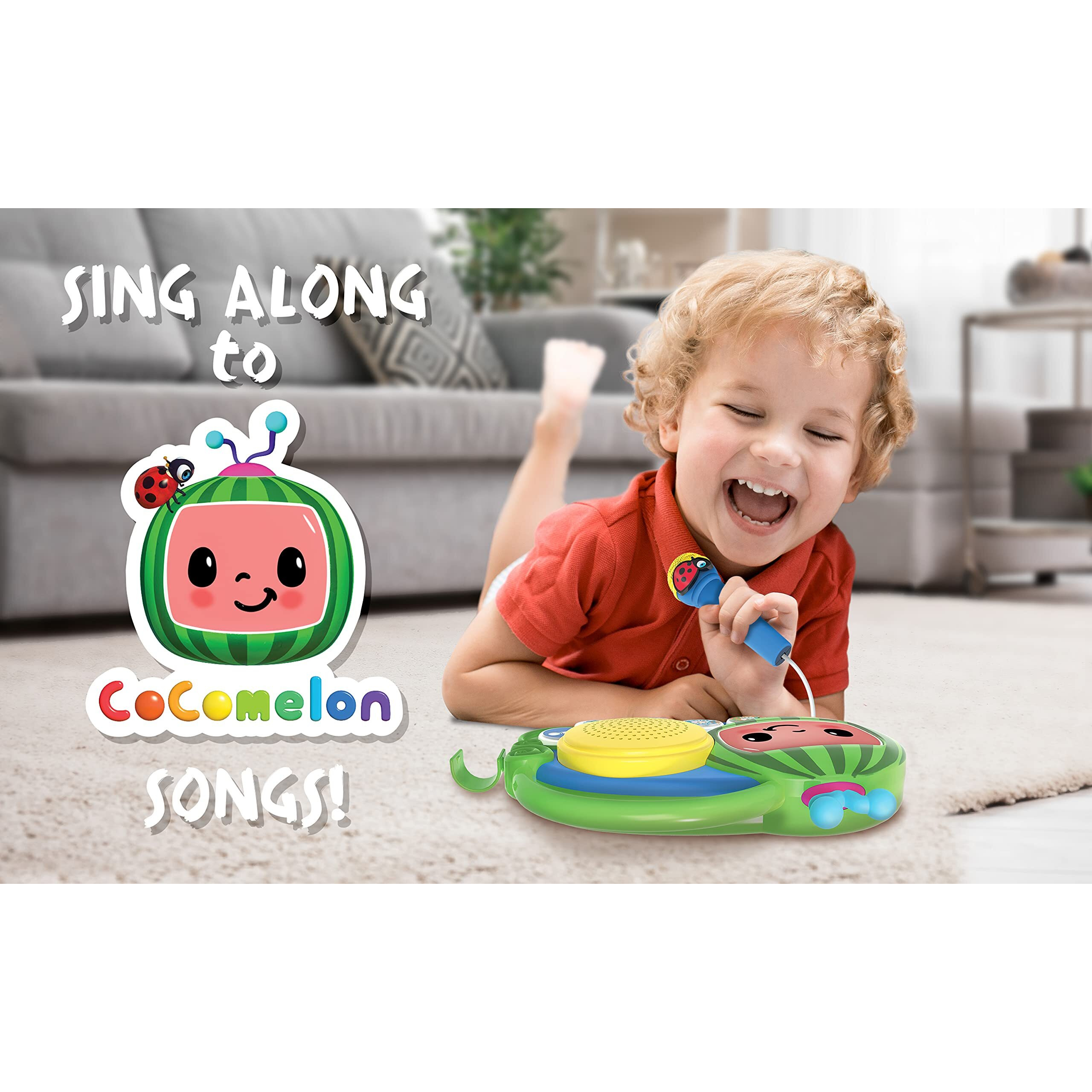 Ekids Auxiliary Cocomelon Toy Singalong Boombox With Microphone For Toddlers, Built-In Music And Flashing Lights, Fans Of Cocomelon Gifts