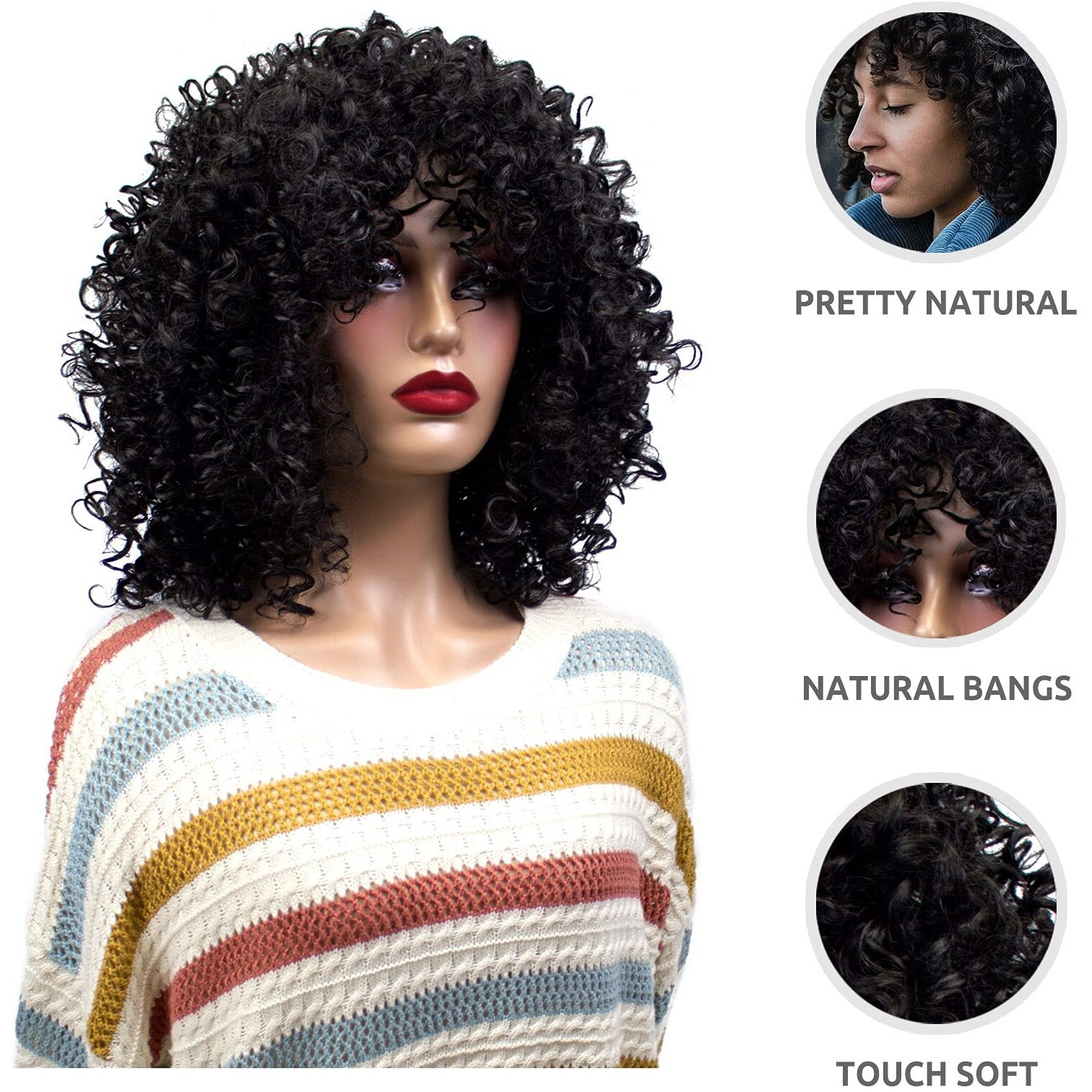 Onpep Black Afro Curly Wigs For Black Women Short Shoulder Length Kinky Curly Hair Wig With Bangs Heat Resistant Synthetic Wigs