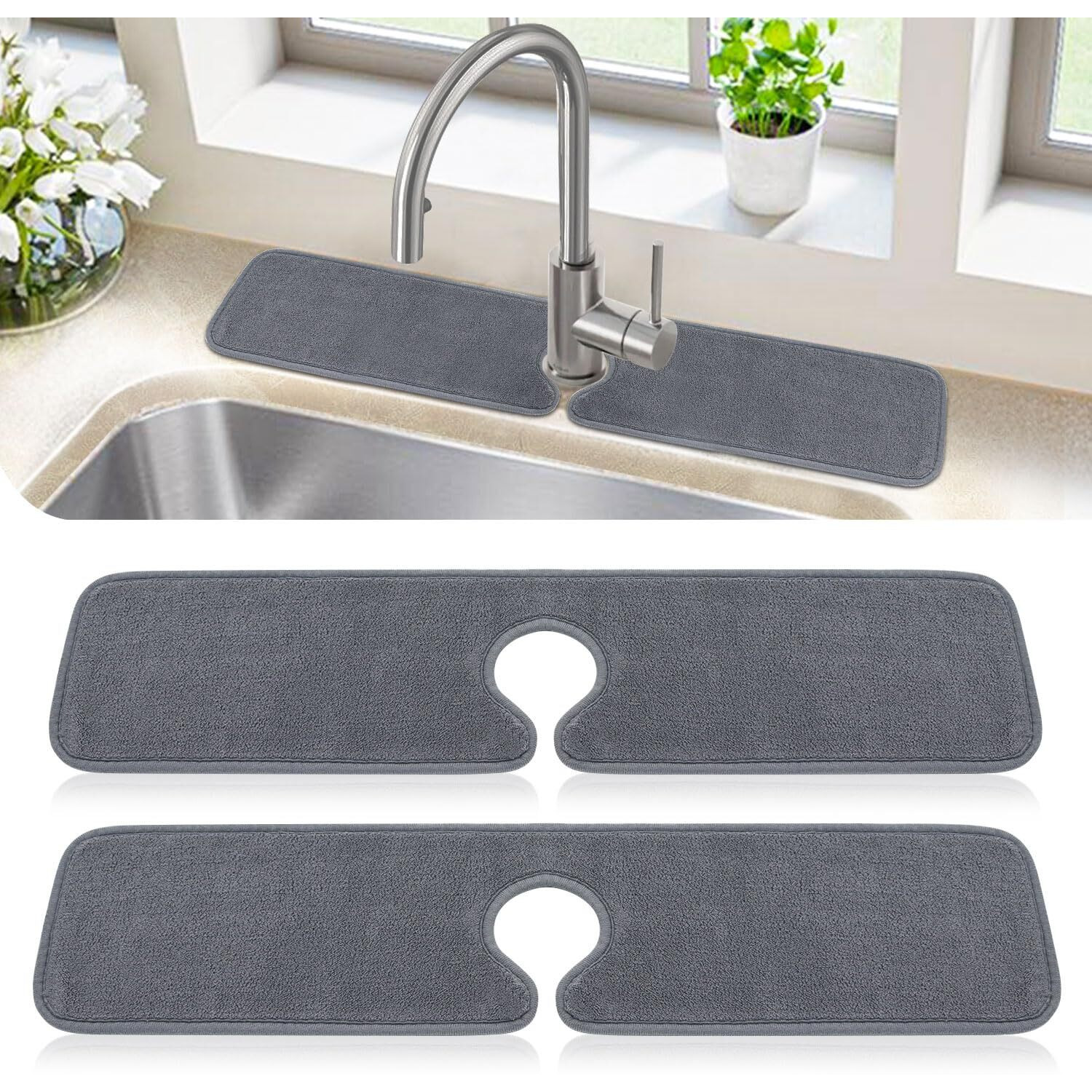 Poyang 2 Pack Kitchen Sink Splash Guard Long Faucet Mat For Kitchen Sink, Super Absorbent Microfiber Sink Protector Mat, Kitchen Sink Mat Machine Washable Sink Water Splash Guard 24'' X 5.1''