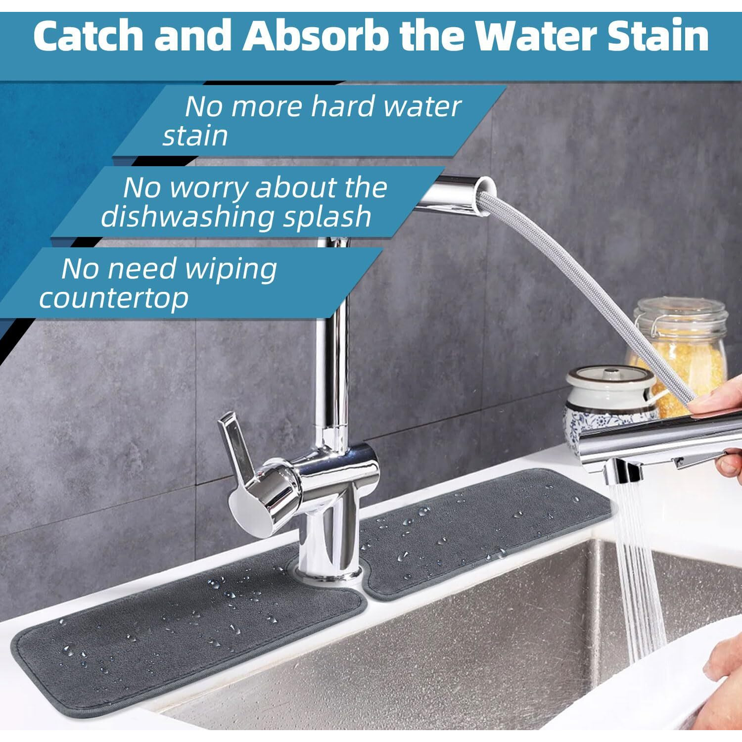 Poyang 2 Pack Kitchen Sink Splash Guard Long Faucet Mat For Kitchen Sink, Super Absorbent Microfiber Sink Protector Mat, Kitchen Sink Mat Machine Washable Sink Water Splash Guard 24'' X 5.1''