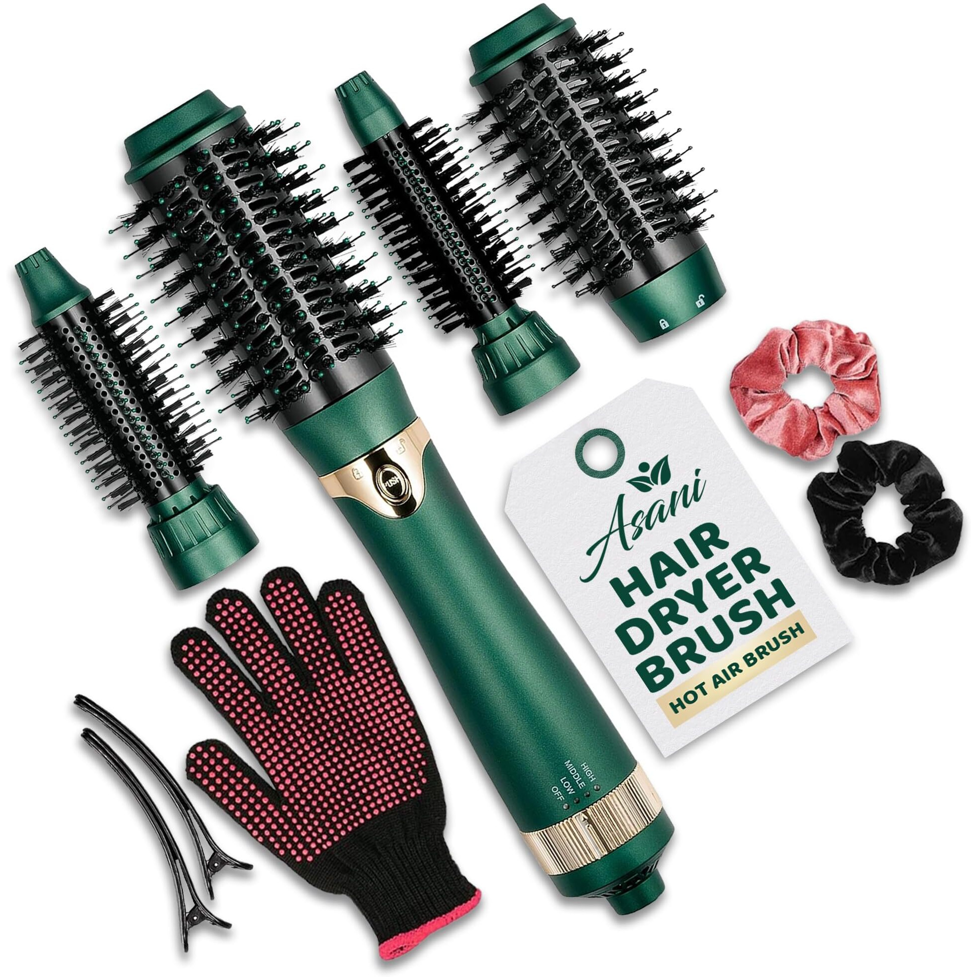 Asani Hot Air Brush - Multipurpose Blow Dryer Brush With Interchangeable Heads, Heated Round Brush For Curling Or Straightening, Volumizer And Styling Tool For All Hair Types