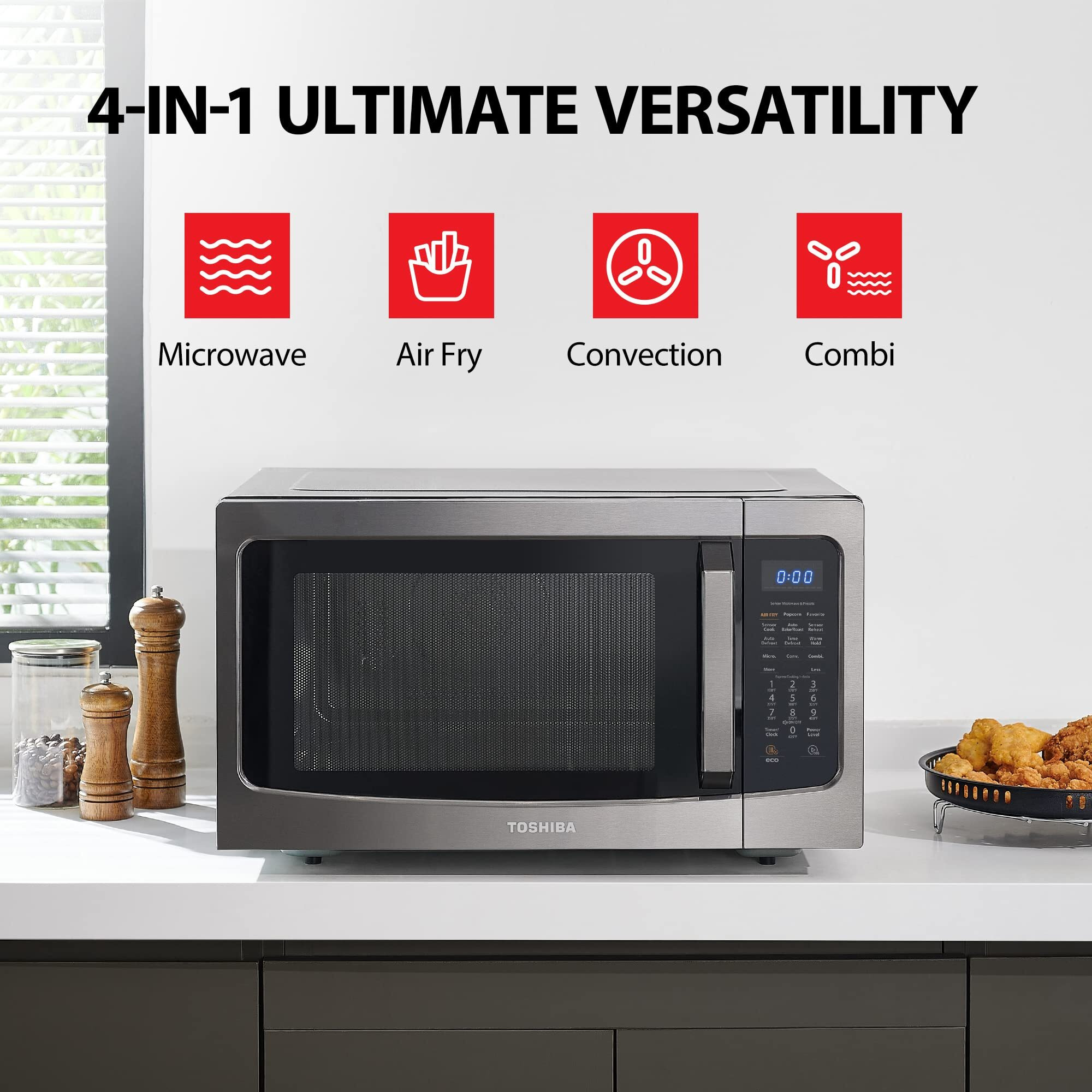 Toshiba 4-In-1 Ml-Ec42P(Bs) Countertop Microwave Oven, Smart Sensor, Convection, Air Fryer Combo, Mute Function, Position Memory 13.6"" Turntable, 1.5 Cu Ft, 1000W, Black