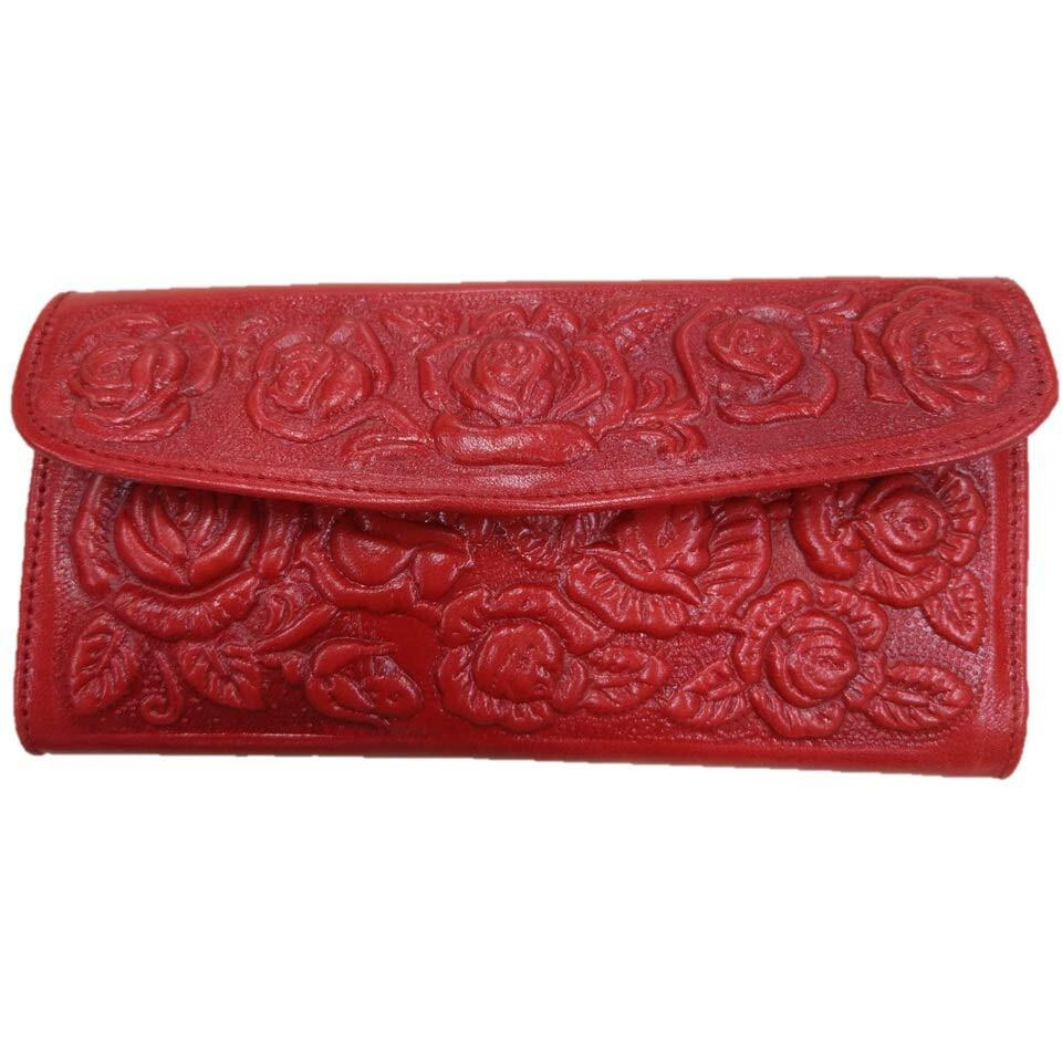 Sharpshooter Ladies Tooled Leather Western Blossoming Roses Trifold Wallet (Red)