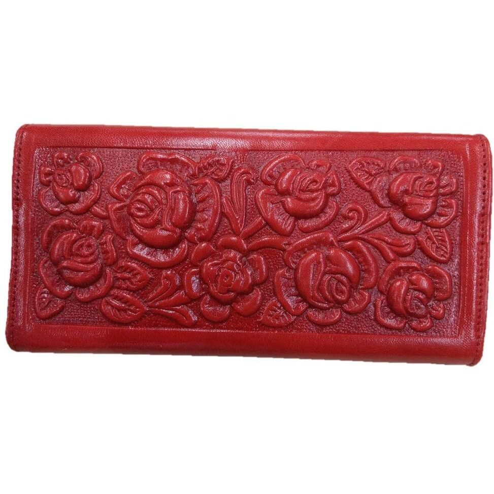 Sharpshooter Ladies Tooled Leather Western Blossoming Roses Trifold Wallet (Red)