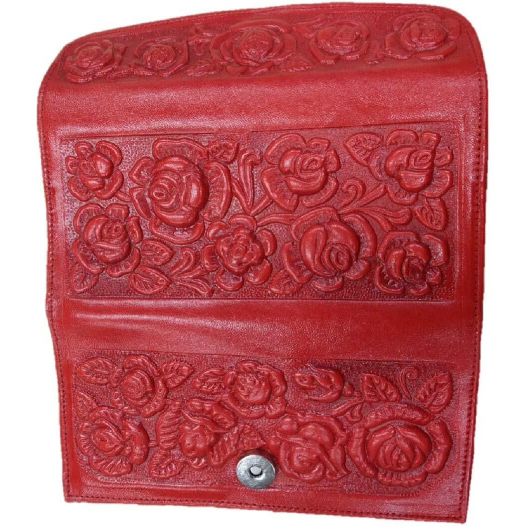 Sharpshooter Ladies Tooled Leather Western Blossoming Roses Trifold Wallet (Red)