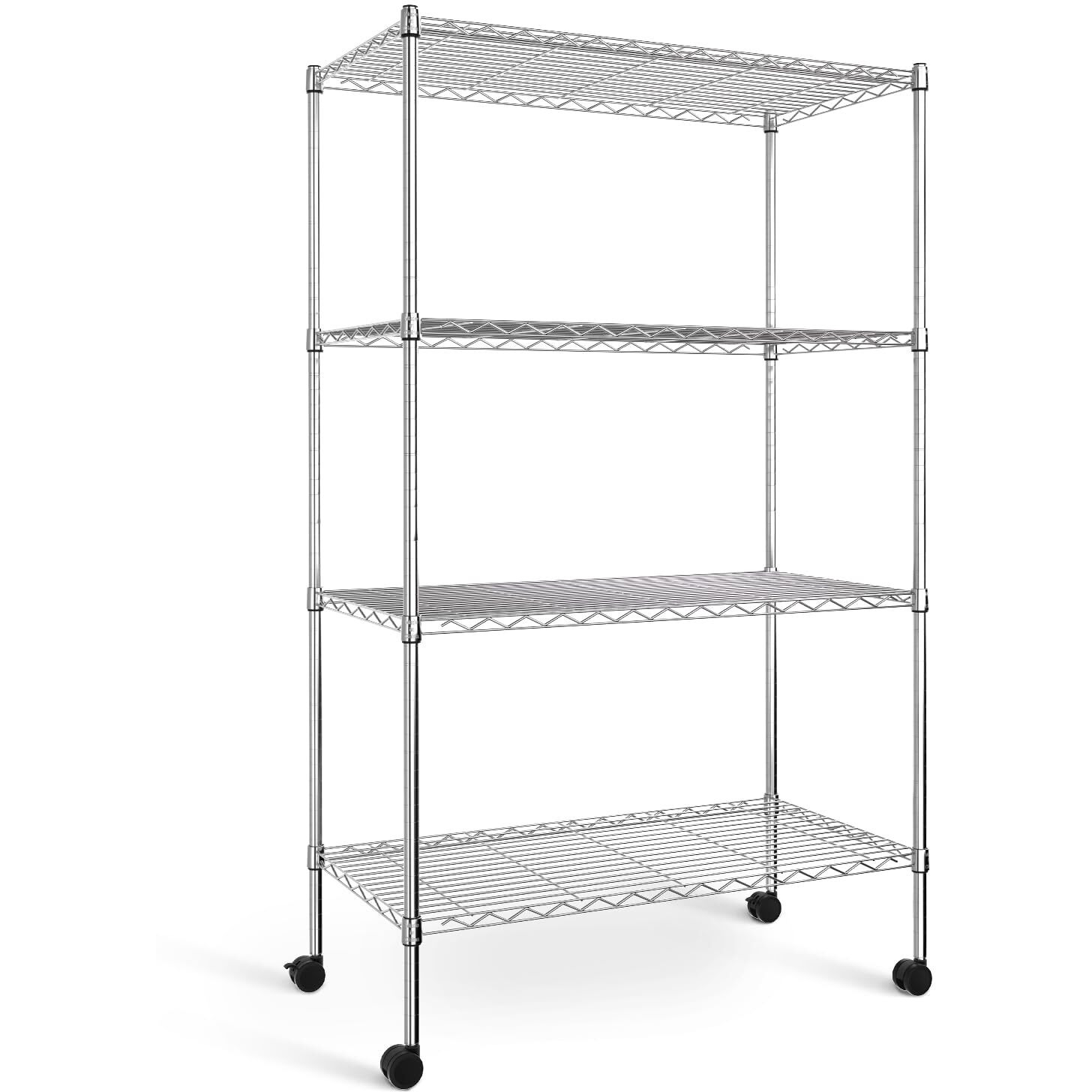 Yssoa Heavy Duty 4-Shelf Shelving With Wheels, 35.43"" D X 17.72"" W X 61.02"" H Adjustable Steel Organizer Wire Rack 1000 Lb Capacity, Chrome
