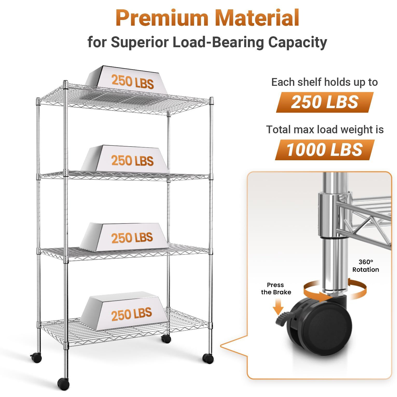 Yssoa Heavy Duty 4-Shelf Shelving With Wheels, 35.43"" D X 17.72"" W X 61.02"" H Adjustable Steel Organizer Wire Rack 1000 Lb Capacity, Chrome
