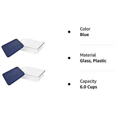 Pyrex Simply Store 6-Cup Rectangular Glass Food Storage Dish,Blue (2 Pack) Made In The Usa