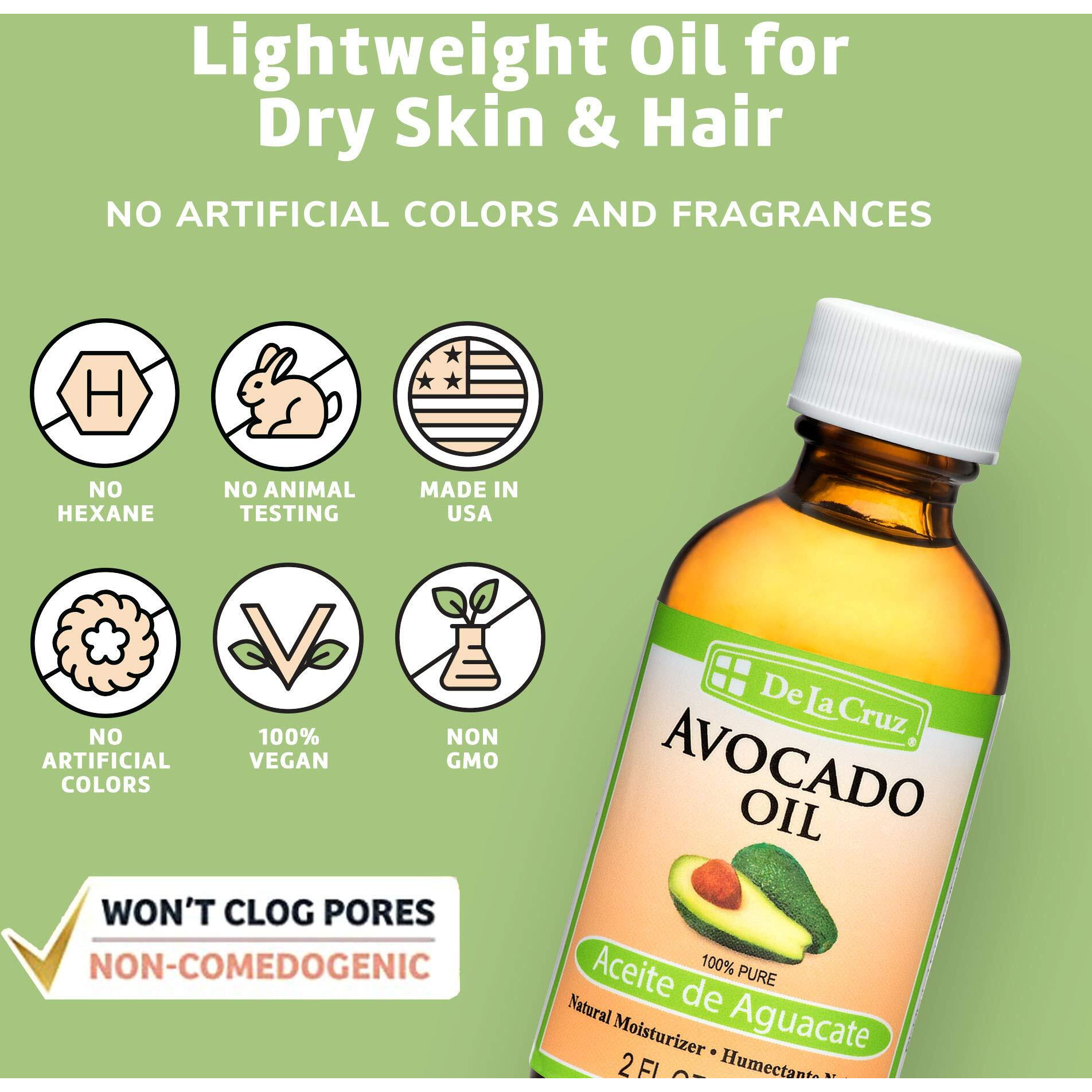 De La Cruz Avocado Oil - Expeller Pressed Pure 100% Avocado Oil For Hair And Body - Lightweight Body Oil For Dry Skin - 2 Fl Oz (6 Bottles)