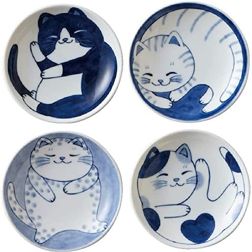 Mino Ware Japanese Small Plate Set Ceramic Cute Cats Design Appetizer Dessert Sushi Sauce Dishes, 3.94 X 0.8 Inches, Set Of 4