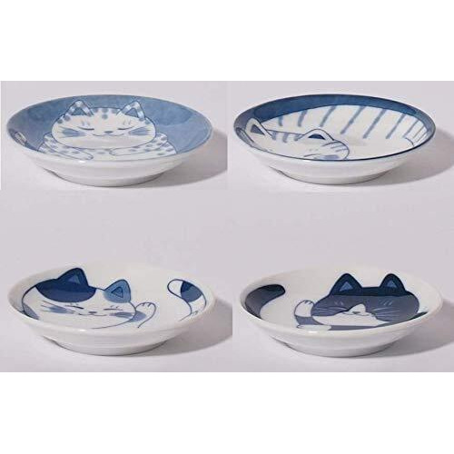Mino Ware Japanese Small Plate Set Ceramic Cute Cats Design Appetizer Dessert Sushi Sauce Dishes, 3.94 X 0.8 Inches, Set Of 4