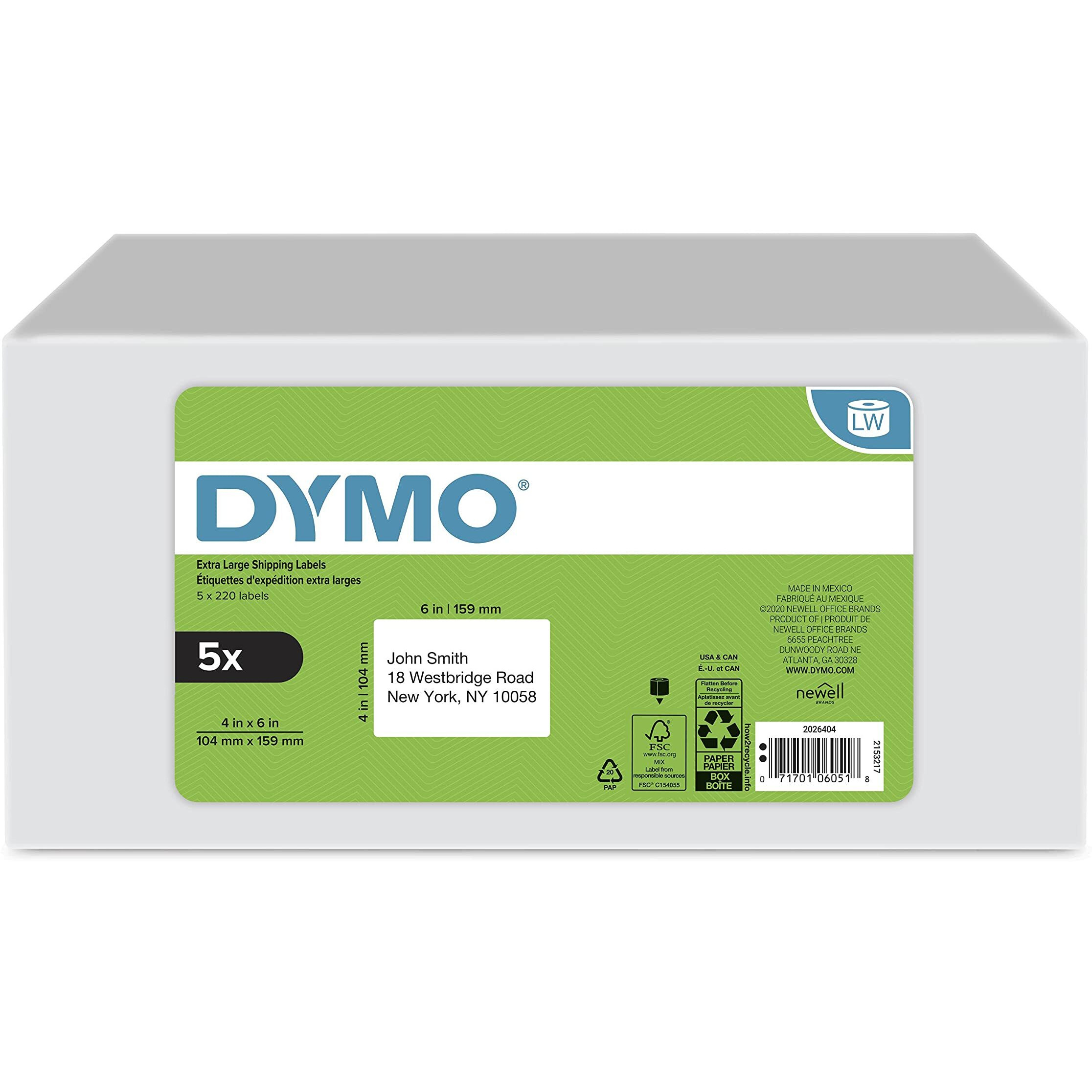 Dymo Authentic Lw Extra-Large Shipping Labels For Labelwriter Label Printers, White, 4"" X 6"", 5 Rolls Of 220 (1100 Total)