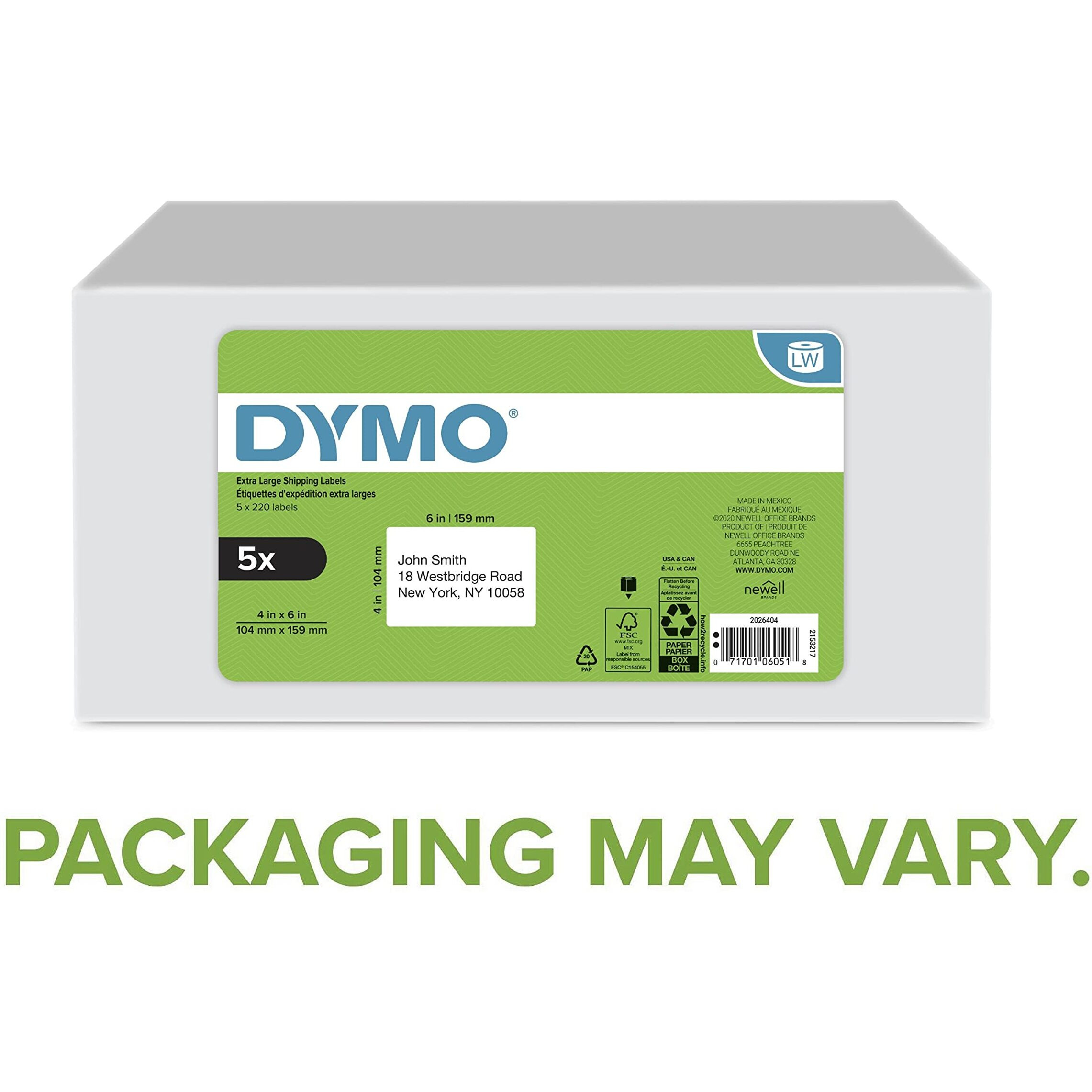 Dymo Authentic Lw Extra-Large Shipping Labels For Labelwriter Label Printers, White, 4"" X 6"", 5 Rolls Of 220 (1100 Total)