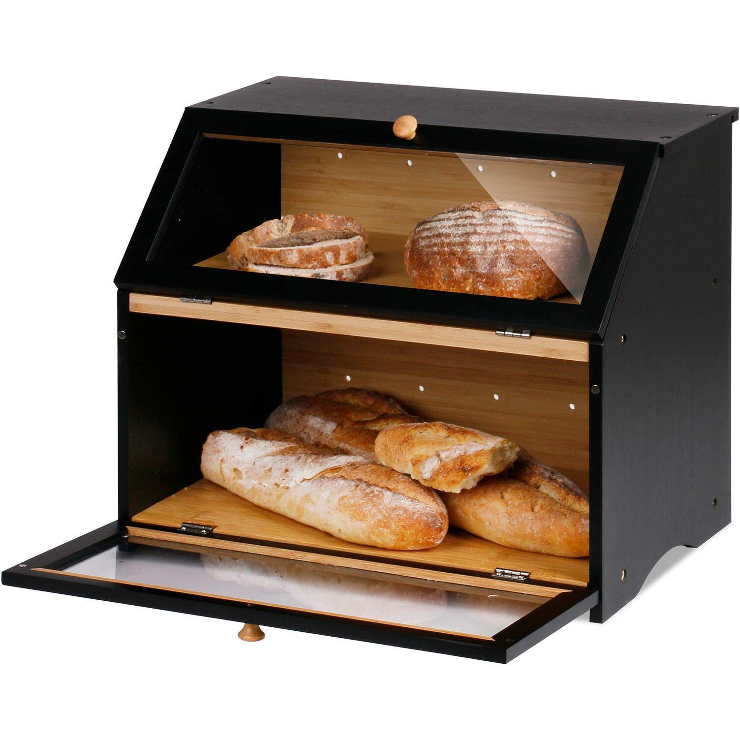 Homekoko Double Layer Large Bread Box For Kitchen Counter, Wooden Large Capacity Bread Storage Bin (Black)