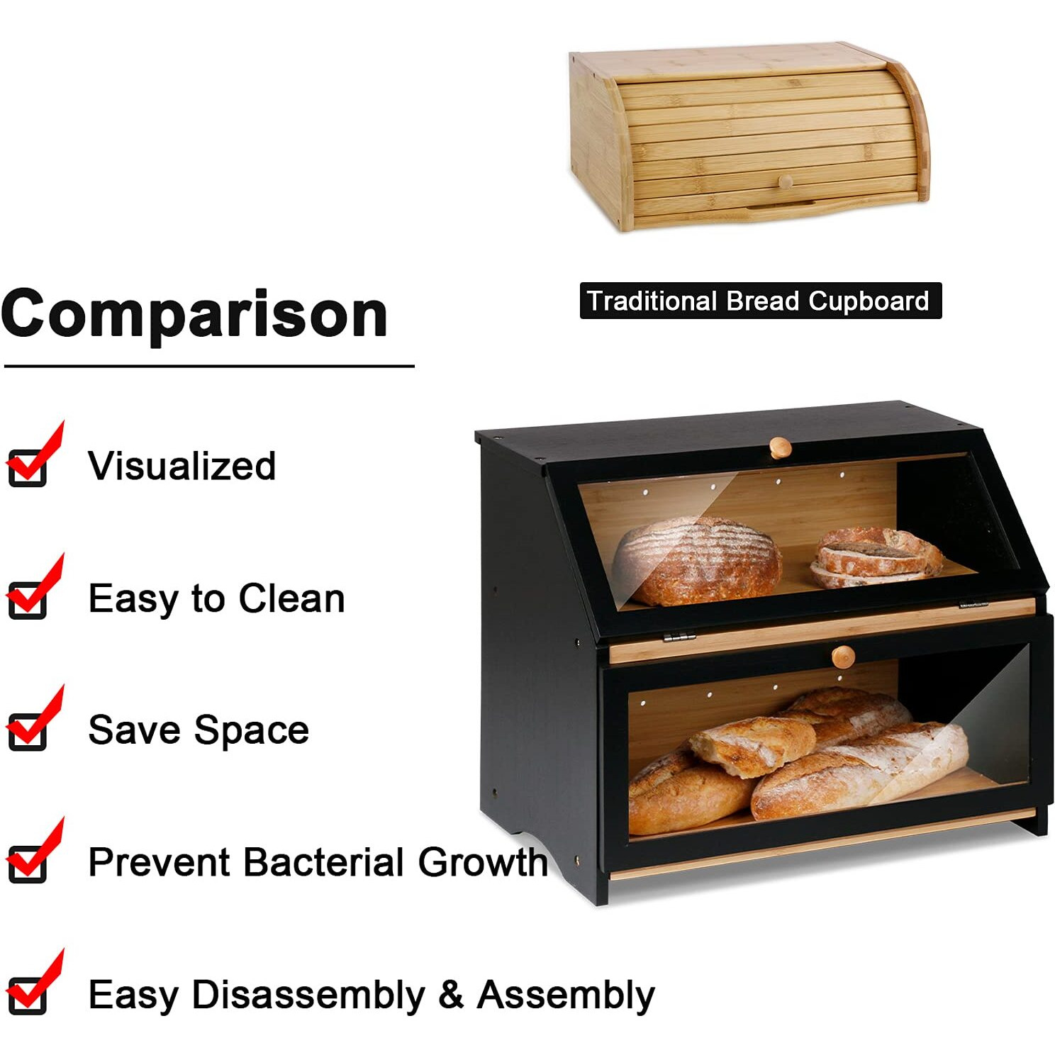 Homekoko Double Layer Large Bread Box For Kitchen Counter, Wooden Large Capacity Bread Storage Bin (Black)
