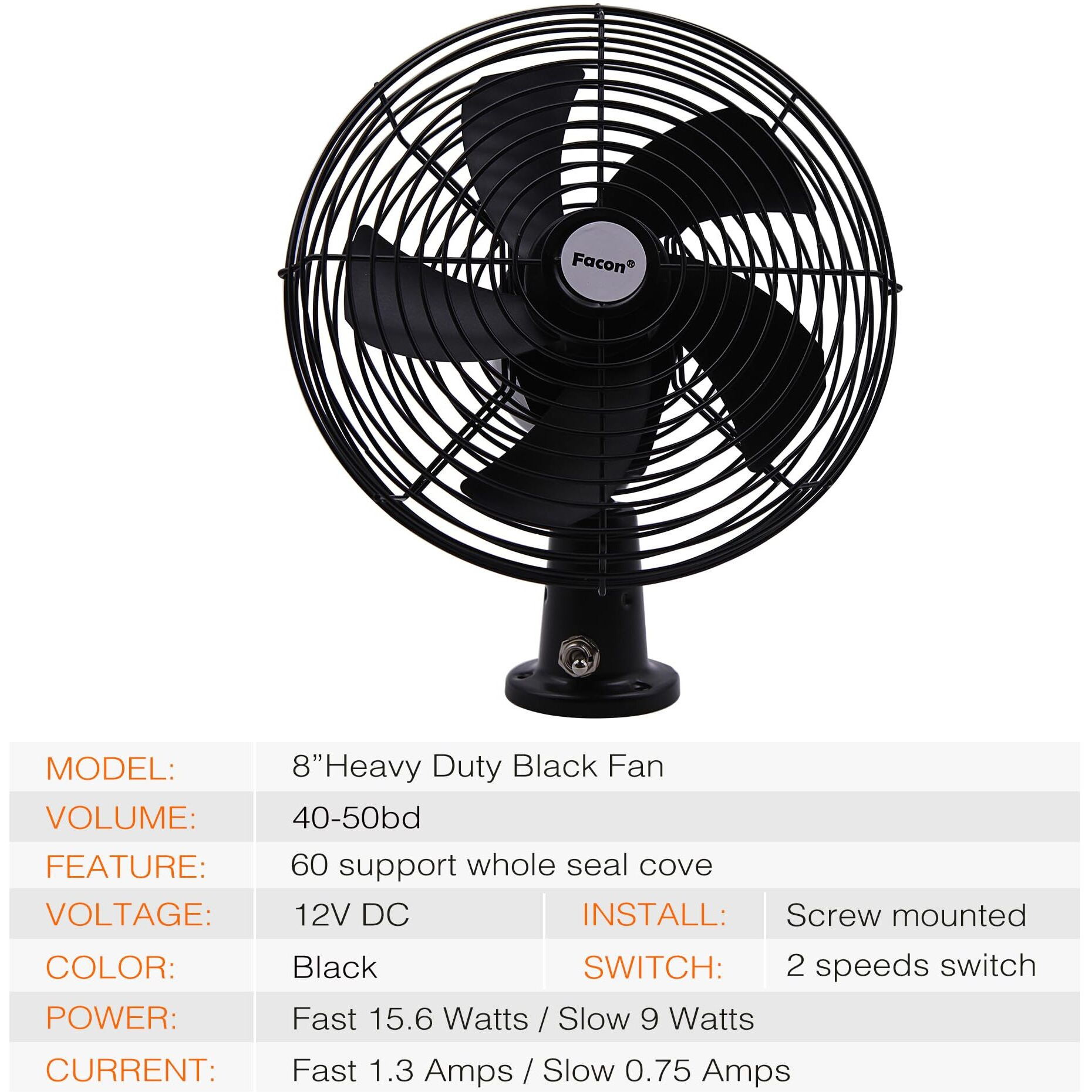 Facon 12V Rv Cooling Fan With 2 Speed Switch, Dia 8-3/4, Heavy Duty Black Metal Car Fan, For Auto Truck, Rv, Camper, Trailer, Car, Buses And Boats