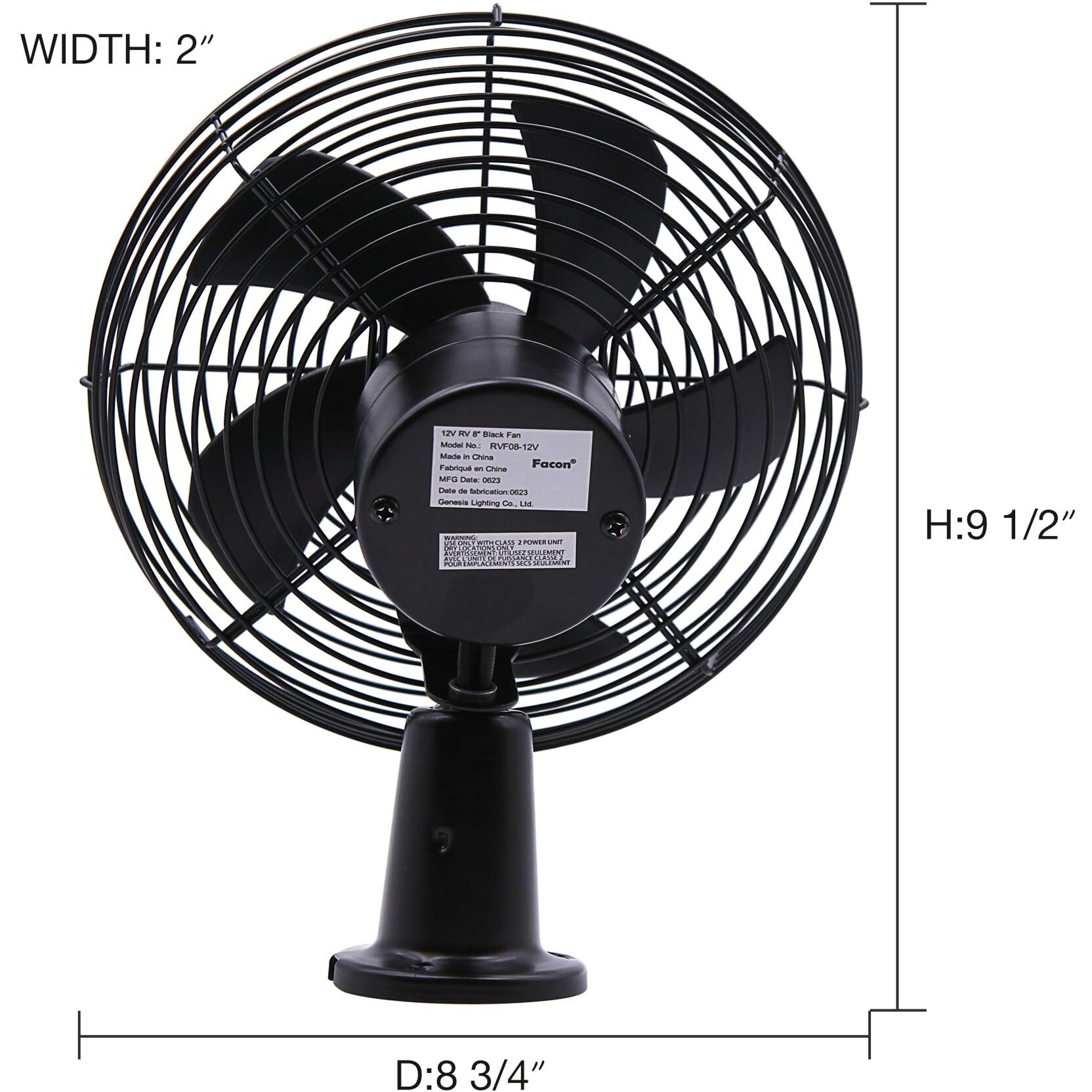 Facon 12V Rv Cooling Fan With 2 Speed Switch, Dia 8-3/4, Heavy Duty Black Metal Car Fan, For Auto Truck, Rv, Camper, Trailer, Car, Buses And Boats