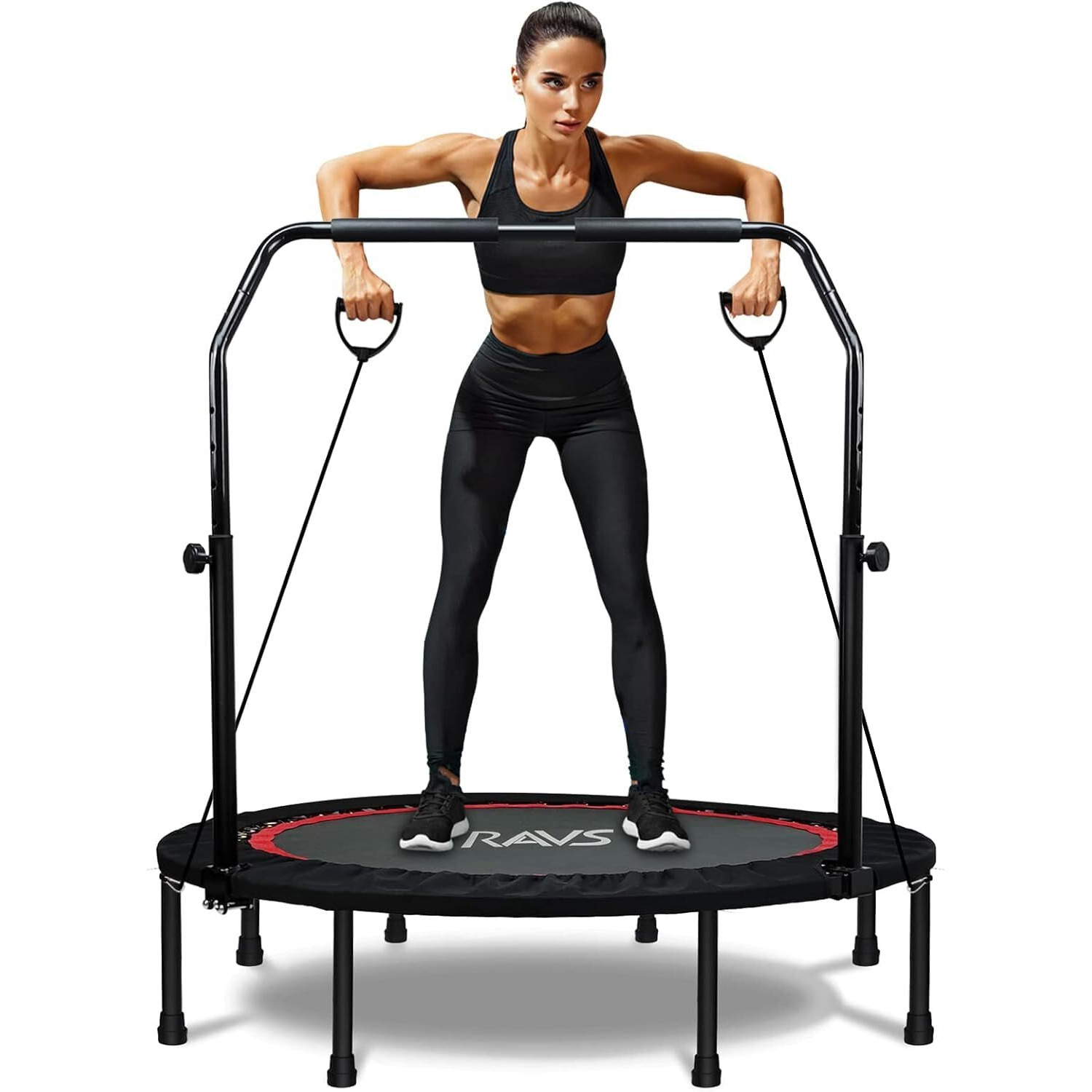 Ravs Mini Trampoline For Kids Adults 40""/48"" Foldable Fitness Rebounder Kids Trampoline With 5 Levels Height Adjustable Handle Resistance Bands Indoor Workout