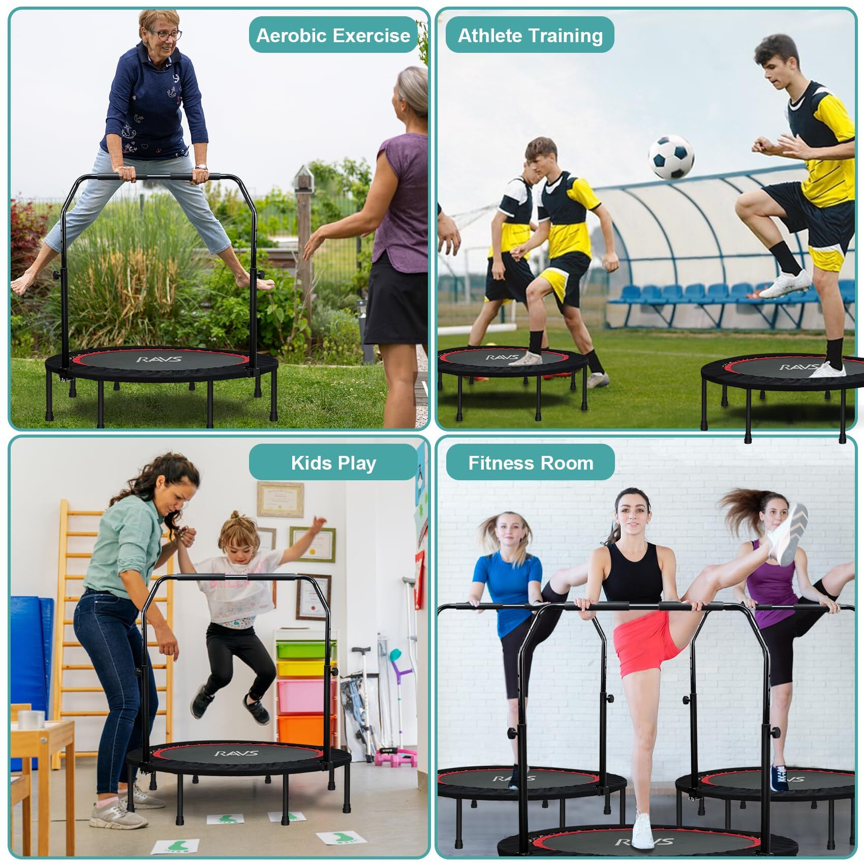 Ravs Mini Trampoline For Kids Adults 40""/48"" Foldable Fitness Rebounder Kids Trampoline With 5 Levels Height Adjustable Handle Resistance Bands Indoor Workout