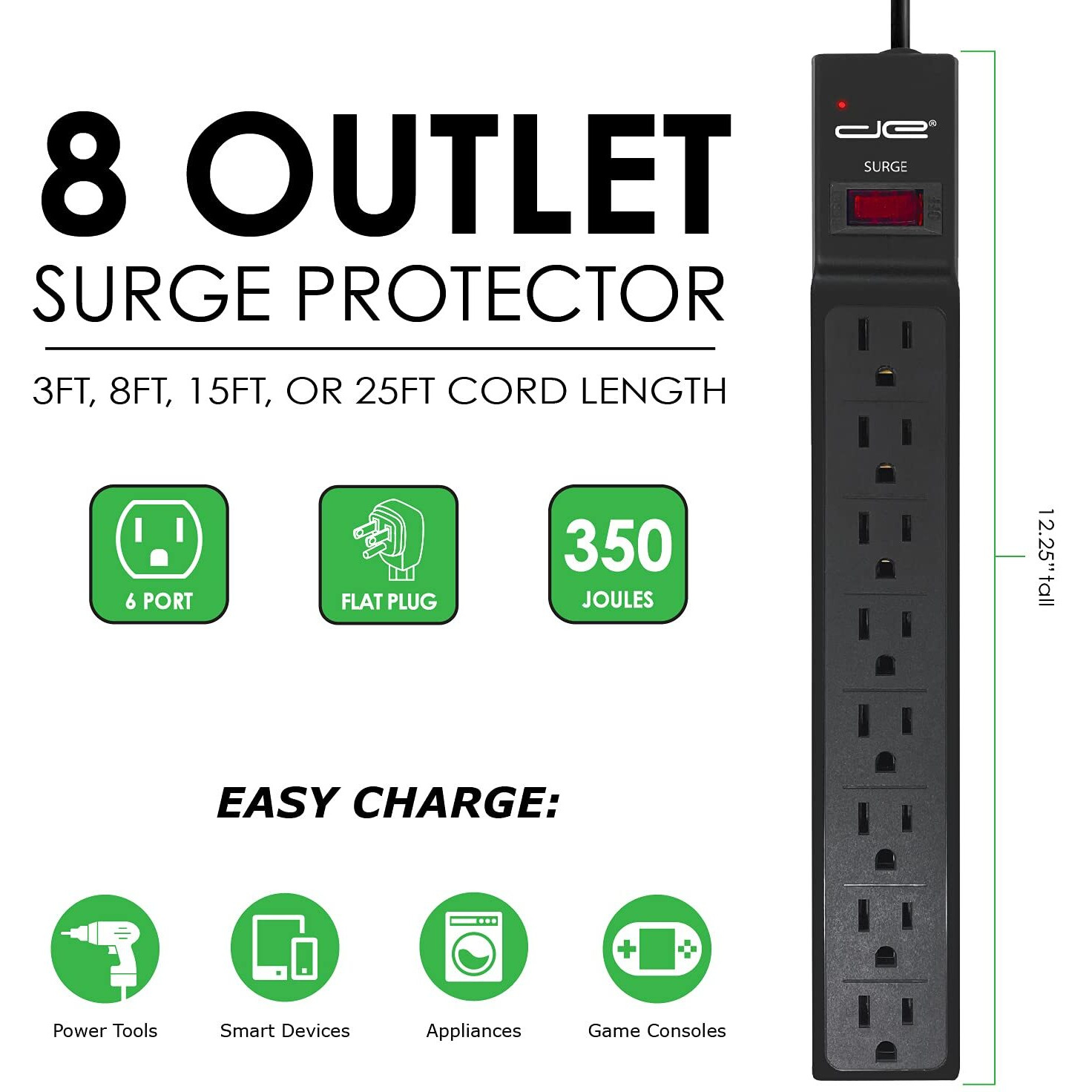 Digital Energy 15 Ft 8 Outlet Surge Protector Power Strip - 15 Amp, 1875 W, 125 V, 350 J Surge Protection, Etl Listed - Flat Plug, Black