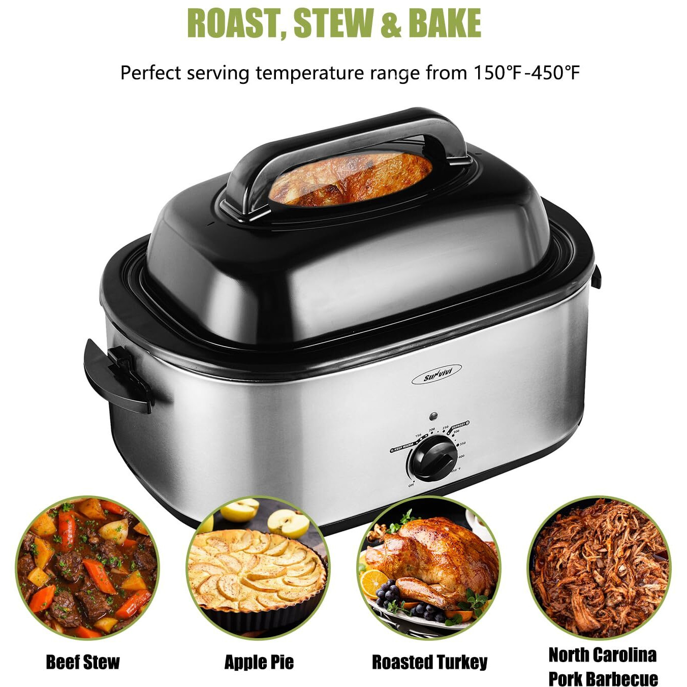 Roaster Oven, Turkey Roaster Oven Buffet With Self-Basting Lid, 22Qt Electric Roaster Oven, Removable Pan, Cool-Touch Handles, 1450W Stainless Steel Roaster Oven, Silver