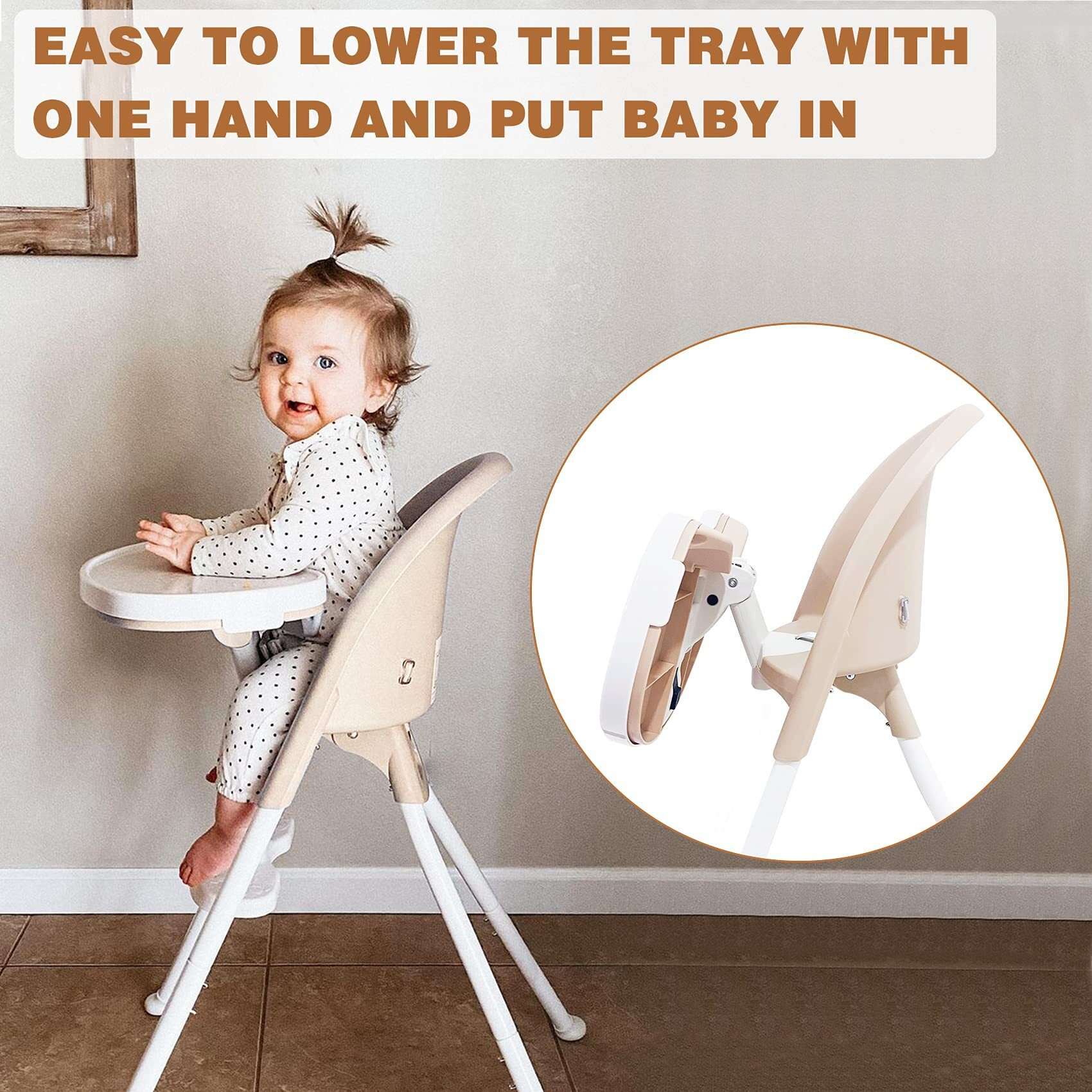Funny Supply 3-In-1 Cute Folding High Chair, Perfect Modern Space Saving Highchair With Detachable Double Tray, 3-Point Harness, Cream Color