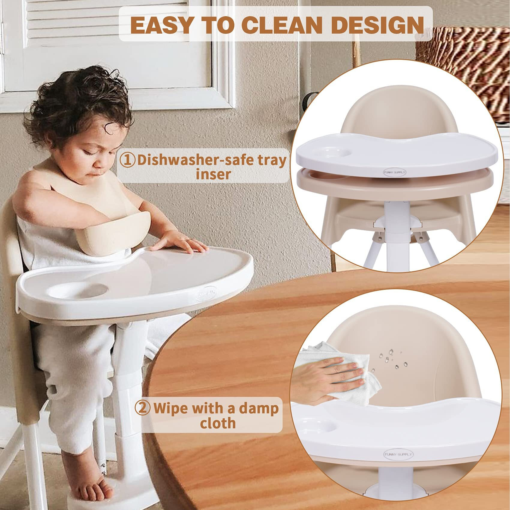 Funny Supply 3-In-1 Cute Folding High Chair, Perfect Modern Space Saving Highchair With Detachable Double Tray, 3-Point Harness, Cream Color