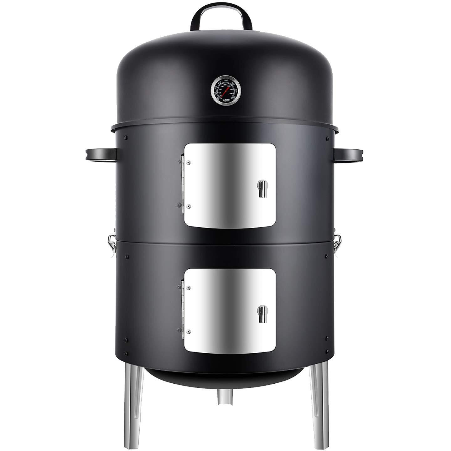 Realcook Vertical 17 Inch Steel Charcoal Smoker, Heavy Duty Round Bbq Grill For Outdoor Cooking, Black