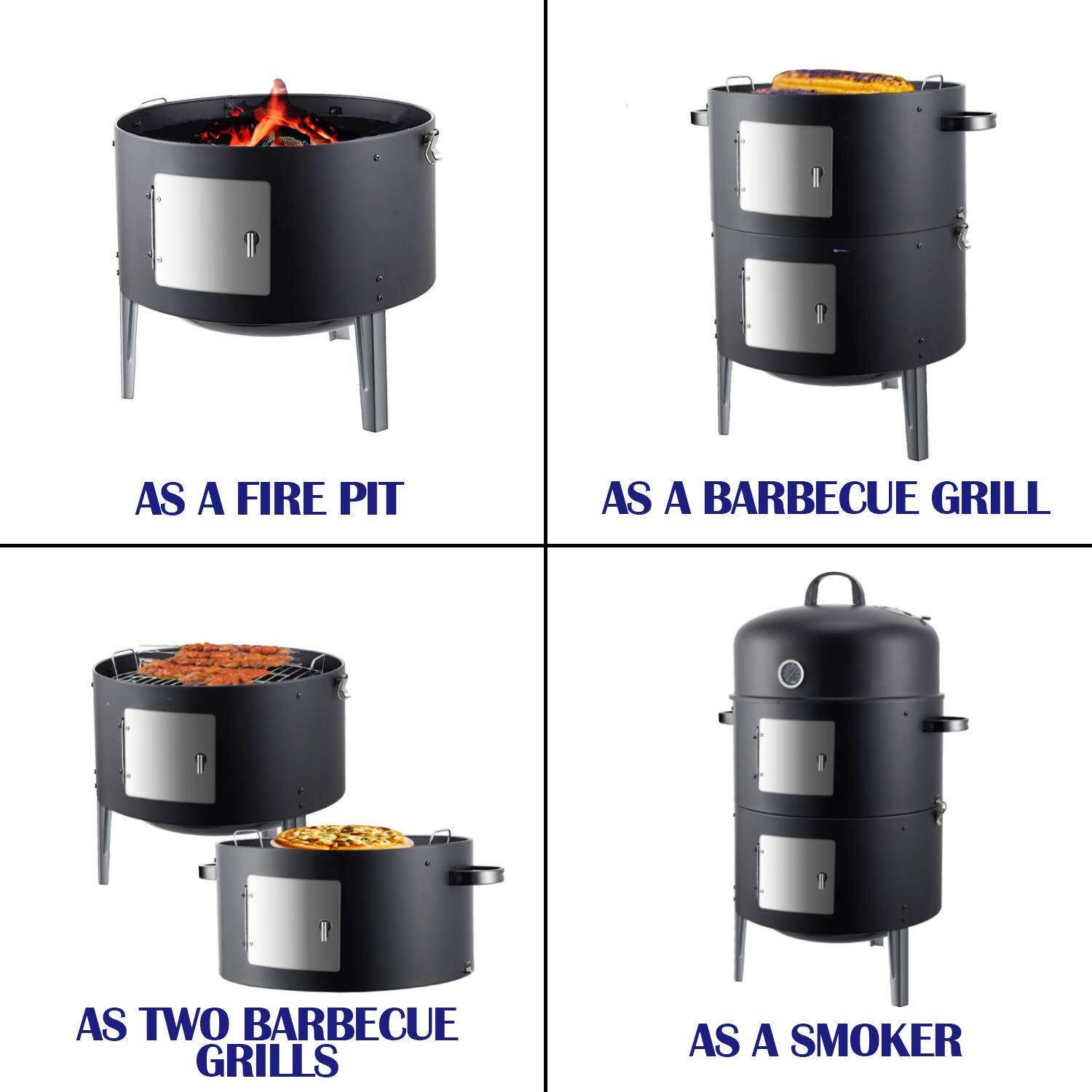 Realcook Vertical 17 Inch Steel Charcoal Smoker, Heavy Duty Round Bbq Grill For Outdoor Cooking, Black