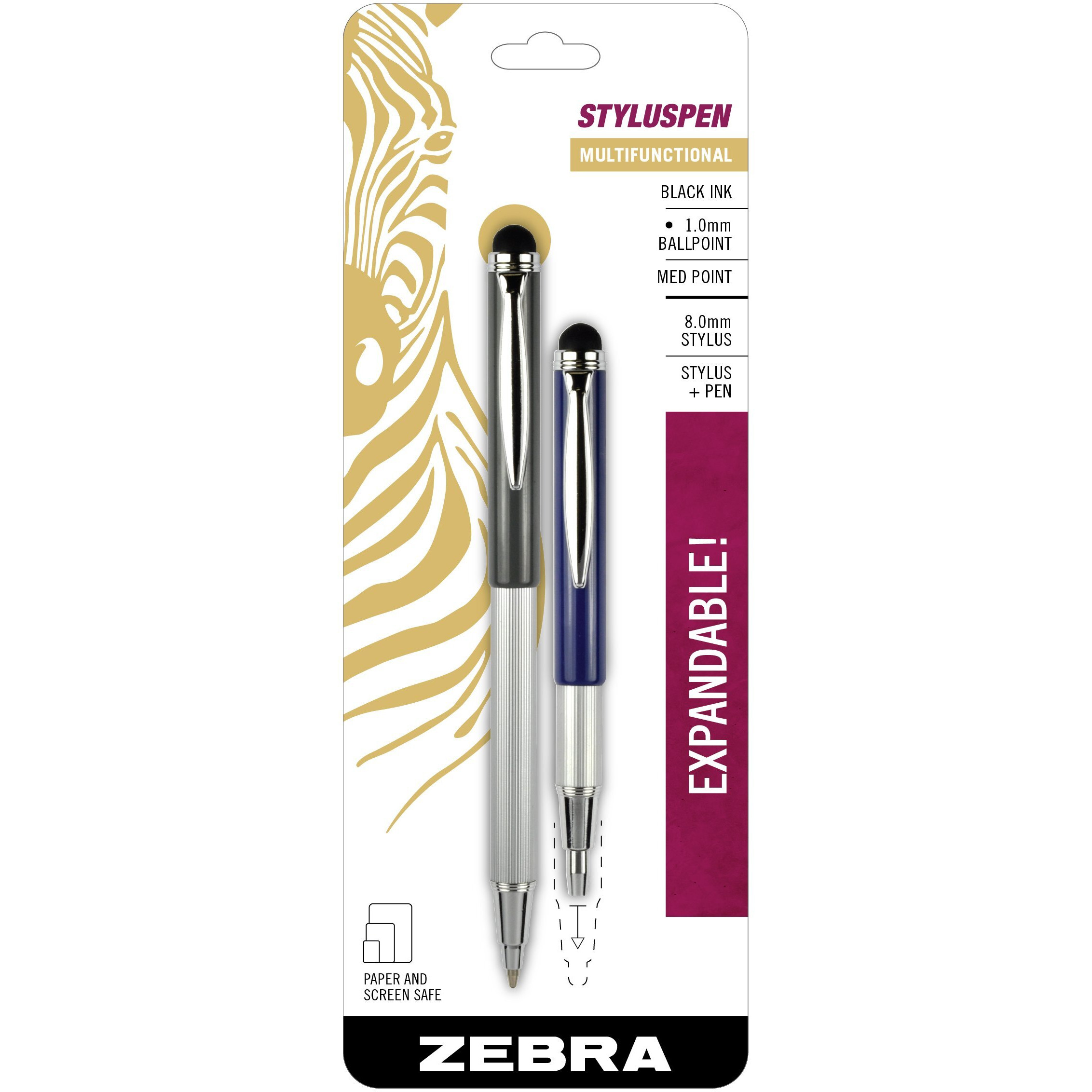 Zebra Pen Styluspen Telescopic Ballpoint Pen, Medium Point, 1.0Mm, Black Ink, Grey And Navy Barrels, 2-Count