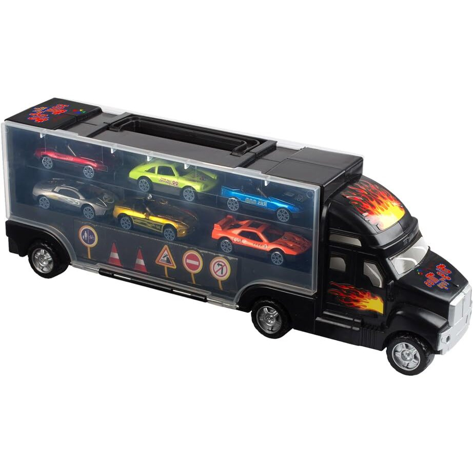 Big Mo's Toys Transport Car Carrier Truck - With 6 Stylish Metal Racing Cars - With Carrying Case