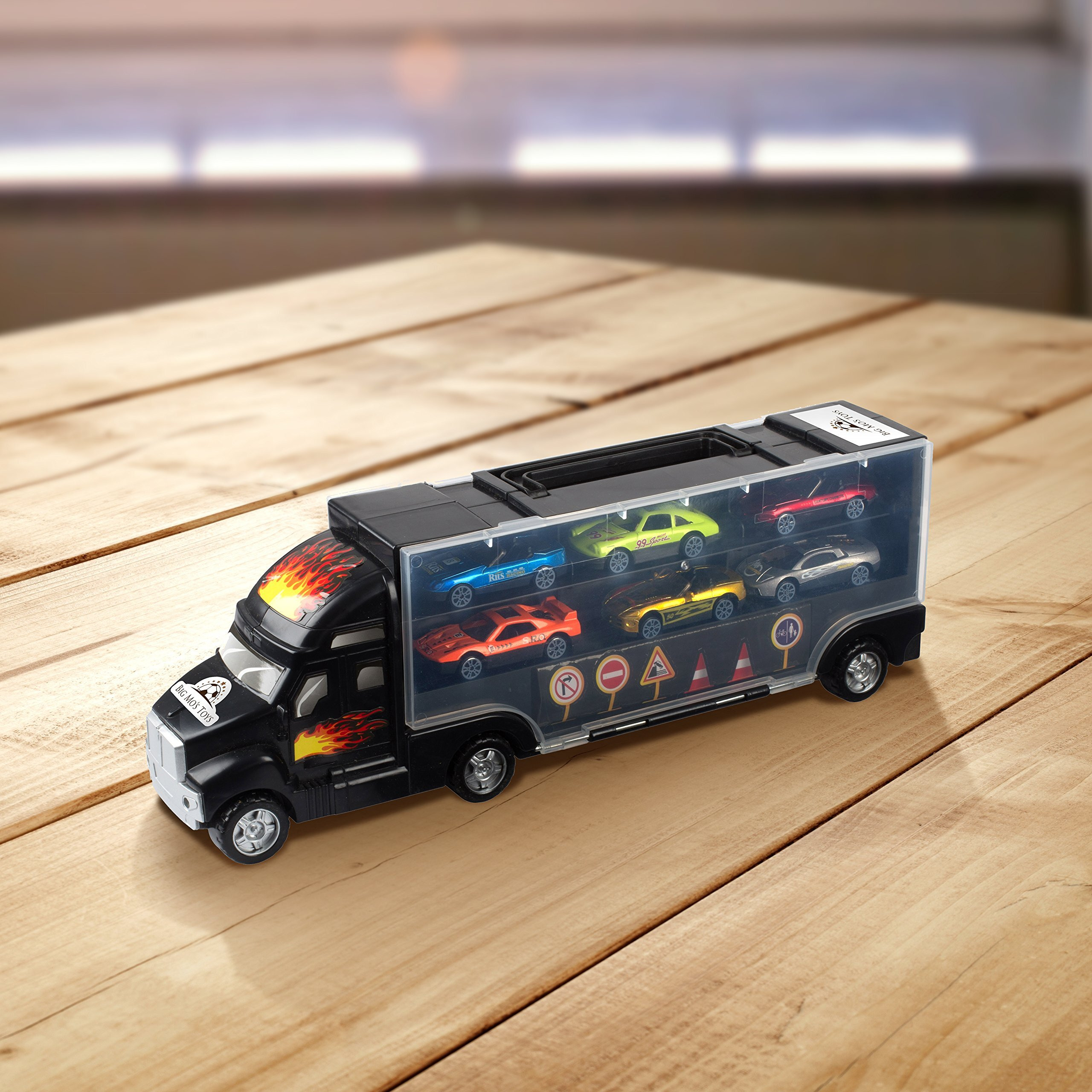 Big Mo's Toys Transport Car Carrier Truck - With 6 Stylish Metal Racing Cars - With Carrying Case