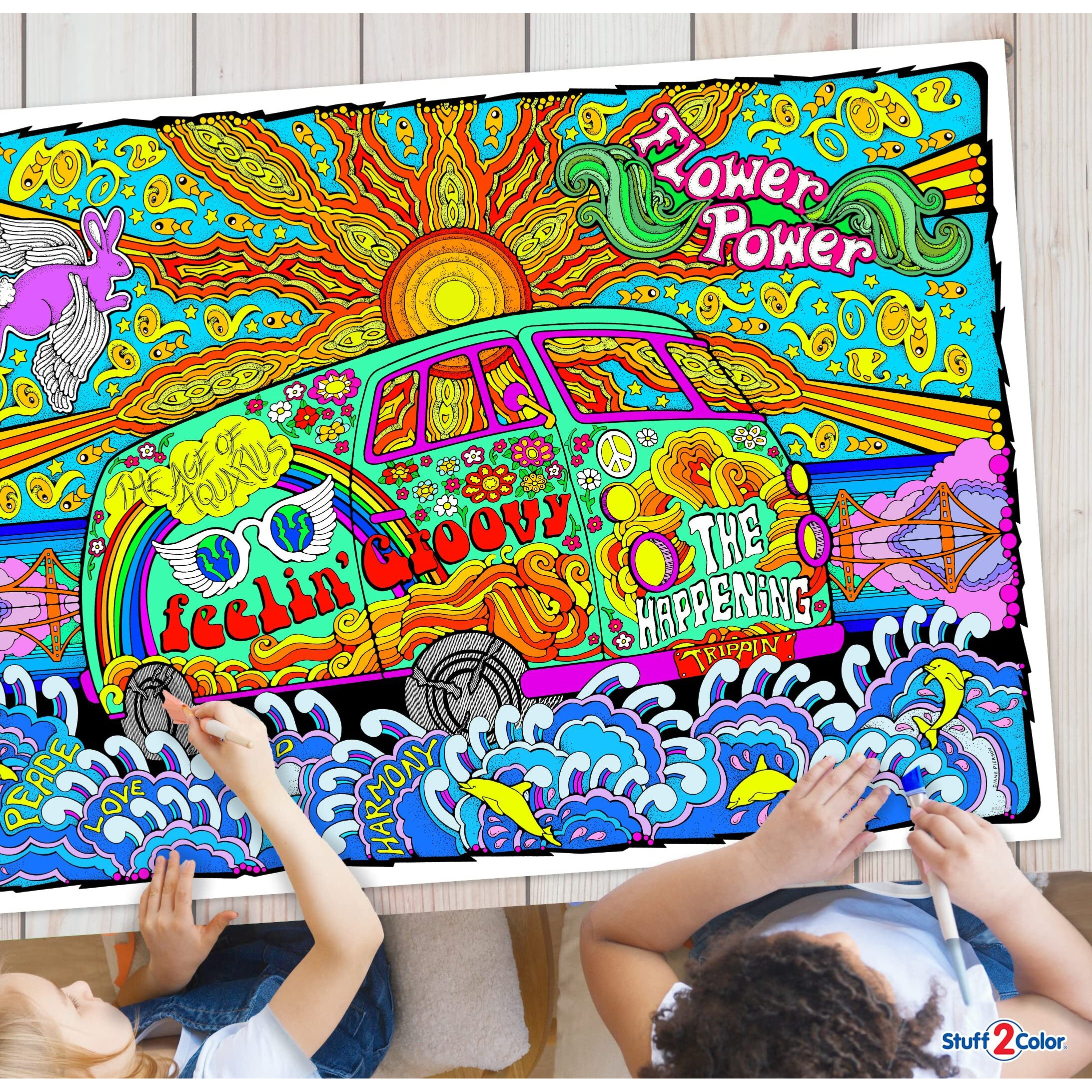Stuff2Color Love Bus - Giant 22 X 32.5 Inch Line Art Coloring Poster (Great For Family Time, Adults, Kids, Classrooms, Care Facilities And Group Activities - Includes Reusable Rigid Storage Tube)