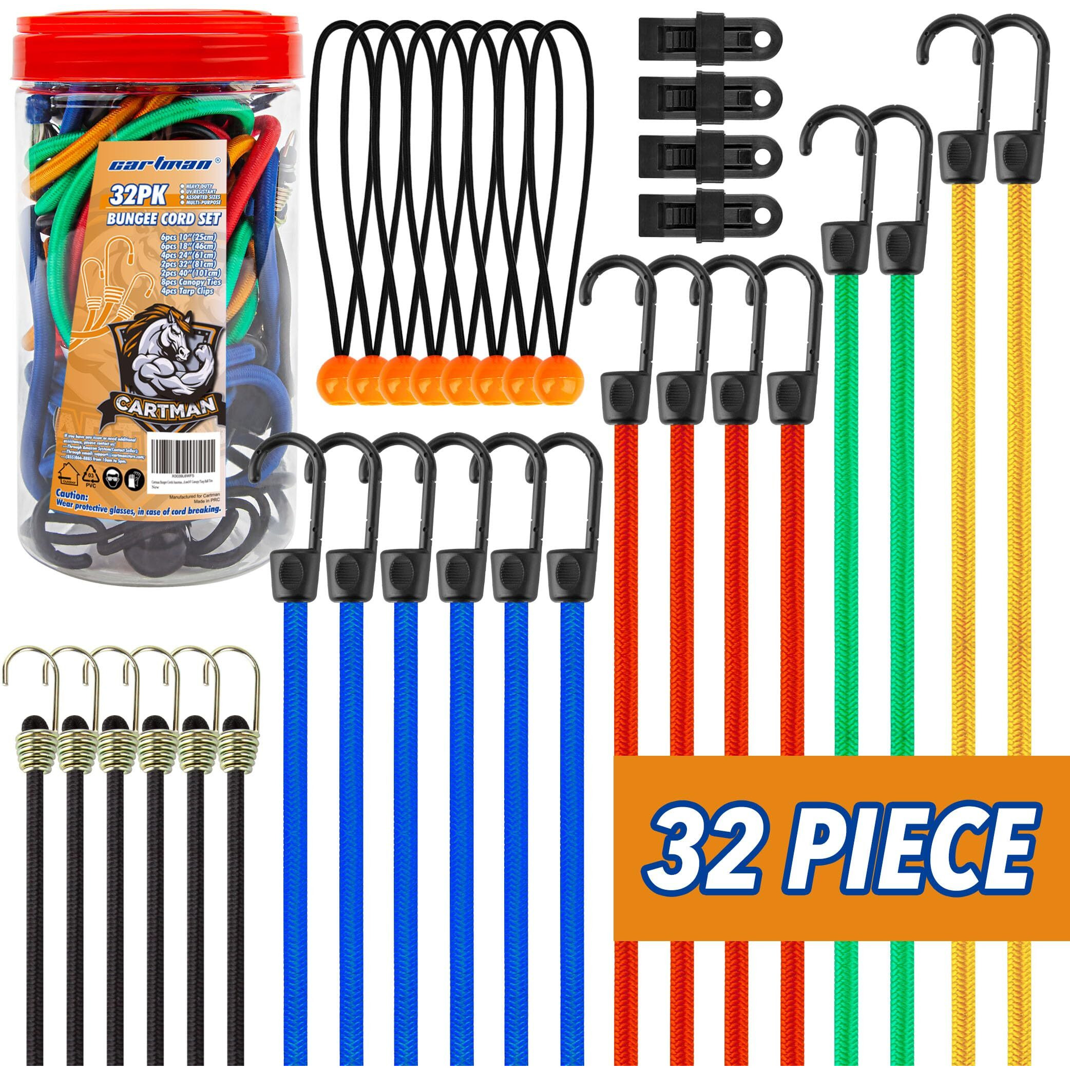 Cartman 32 Piece Bungee Cords Assortment Jar Includes 10"" 18"" 24"" 32"" 40"" Bungee Cord With Hooks, 8"" Canopy Tarp Ball Ties And Tarp Clips