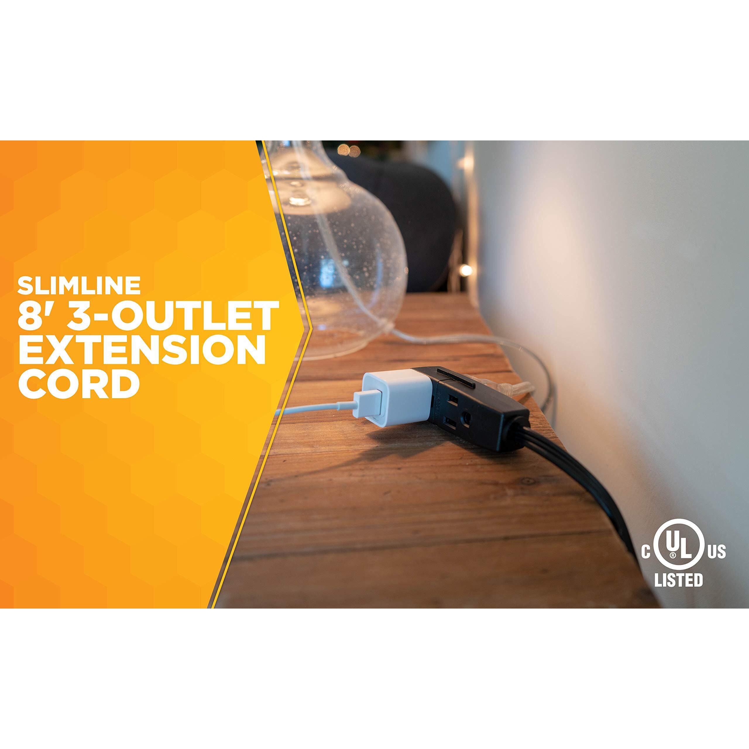 Woods 2243 16/3 Flat Indoor Extension Cord, 8-Foot, 3 Grounded Outlets, Right Angled Plug, Space Saving Design, Ul Listed, Black
