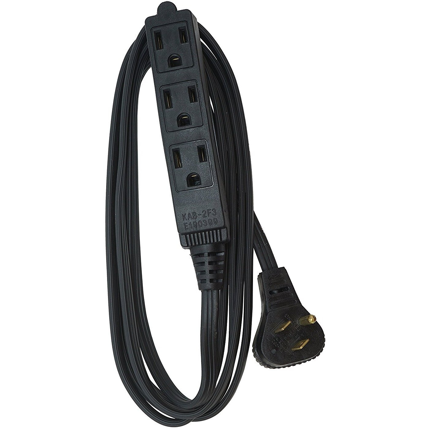 Woods 2243 16/3 Flat Indoor Extension Cord, 8-Foot, 3 Grounded Outlets, Right Angled Plug, Space Saving Design, Ul Listed, Black