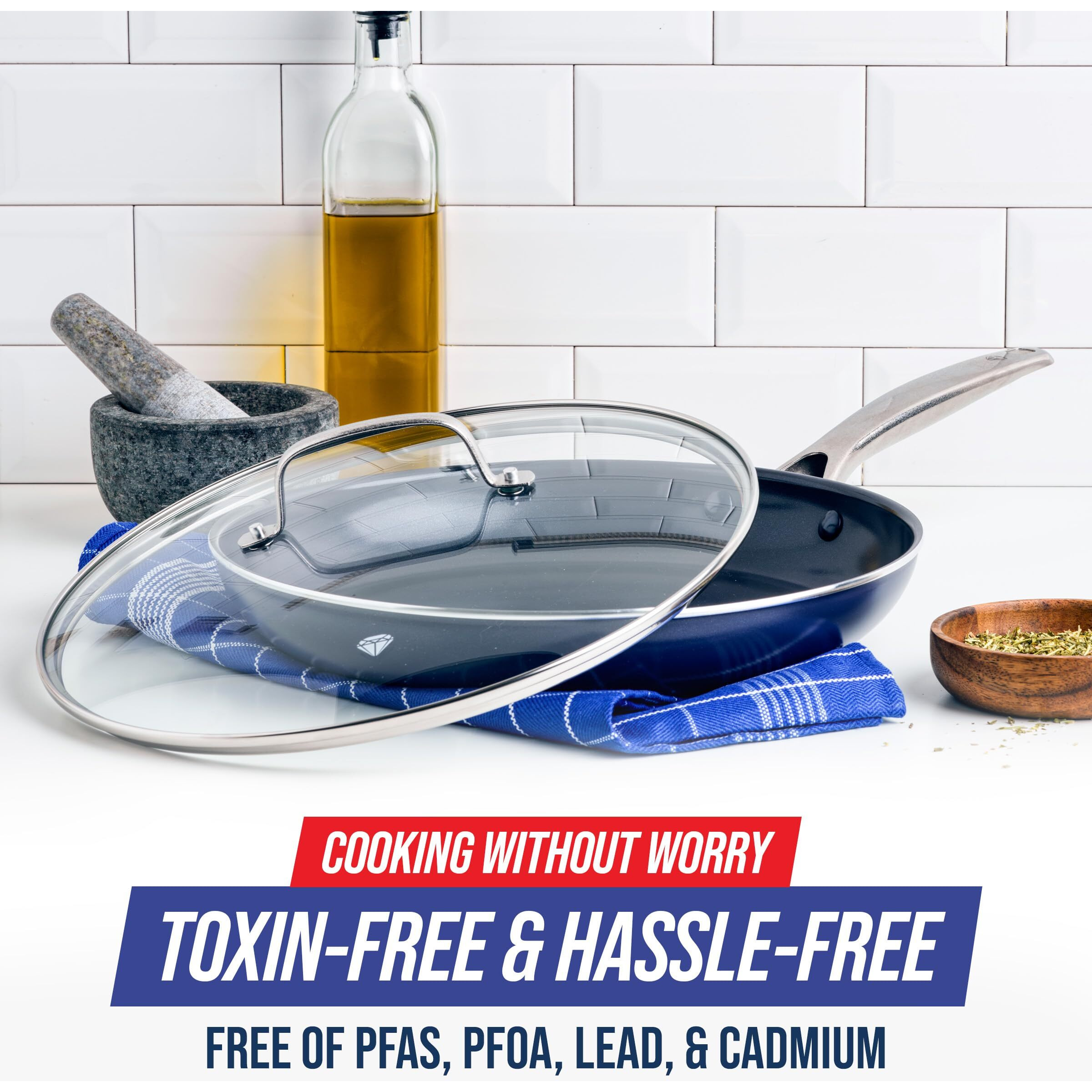 Blue Diamond Cookware 12&quot&quot Frying Pan Skillet With Lid Diamond Infused Ceramic Healthy Nonstick, Pfas And Pfoa-Free, Dishwasher Safe, Oven Safe, Even Heating, Metal Utensil Safe, Warp Control, Blue