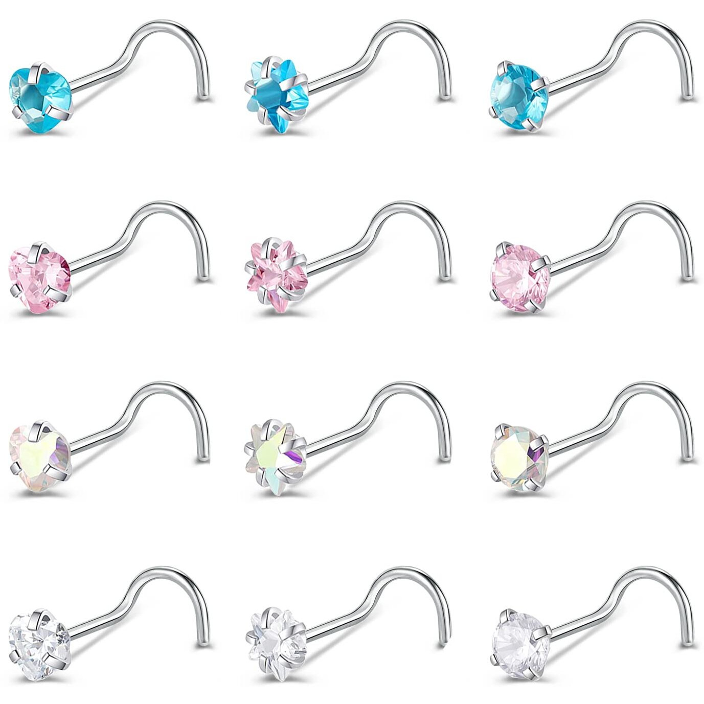 Zs 9-12Pcs 20G Surgical Stainless Steel Nose Stud Ring Piercing Nose Bone/L Shaped/Nose Screws Rings Set (12Pcs Nose Screws Style)