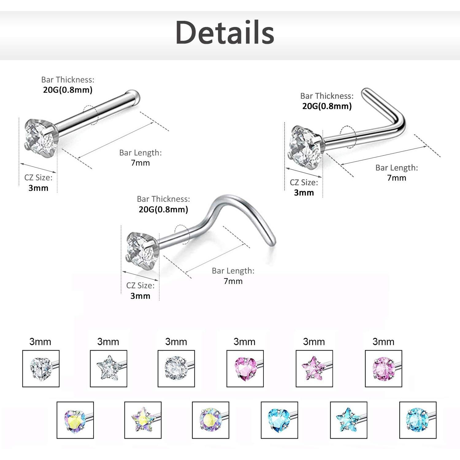 Zs 9-12Pcs 20G Surgical Stainless Steel Nose Stud Ring Piercing Nose Bone/L Shaped/Nose Screws Rings Set (12Pcs Nose Screws Style)