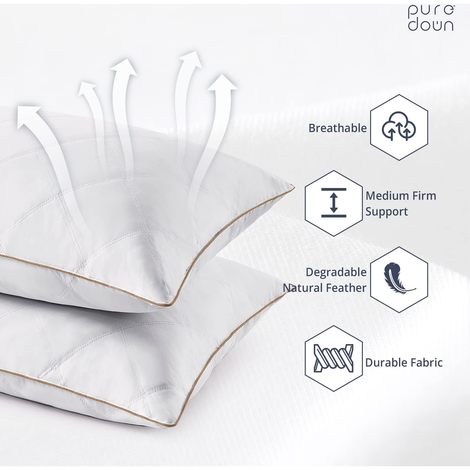 Puredown Goose Feathers And Down Pillow With Diamond Quilting Breathable Downproof Cover, Pack Of 2, King Size