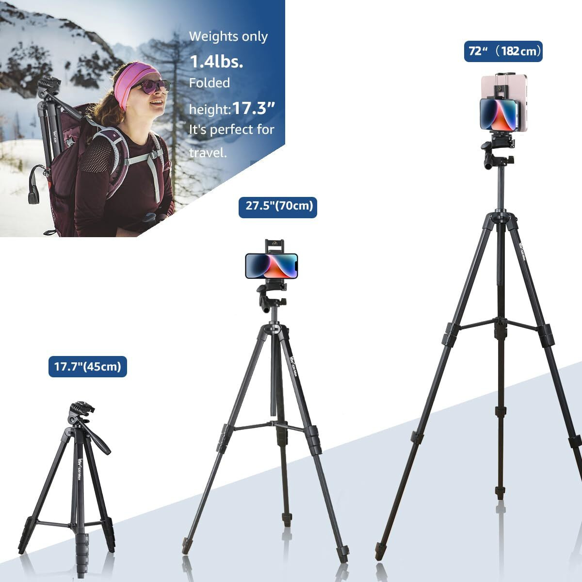 Lusweimi 72-Inch Tripod For Ipad Iphone, Camera Tripod For Phone With 2 In 1 Tripod Mount Holder For Cell Phone/Tablet/Webcam/Gopro, Tripod With Carry Bag And Wireless Remote For Photography/Video