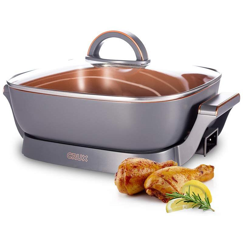 Crux Electric Skillet With Glass Lid - Nonstick Scratch Resistant Ceramic Pan, Extra Deep With Removable Temperature Probe, 12"" X 12"", 1400 Watts
