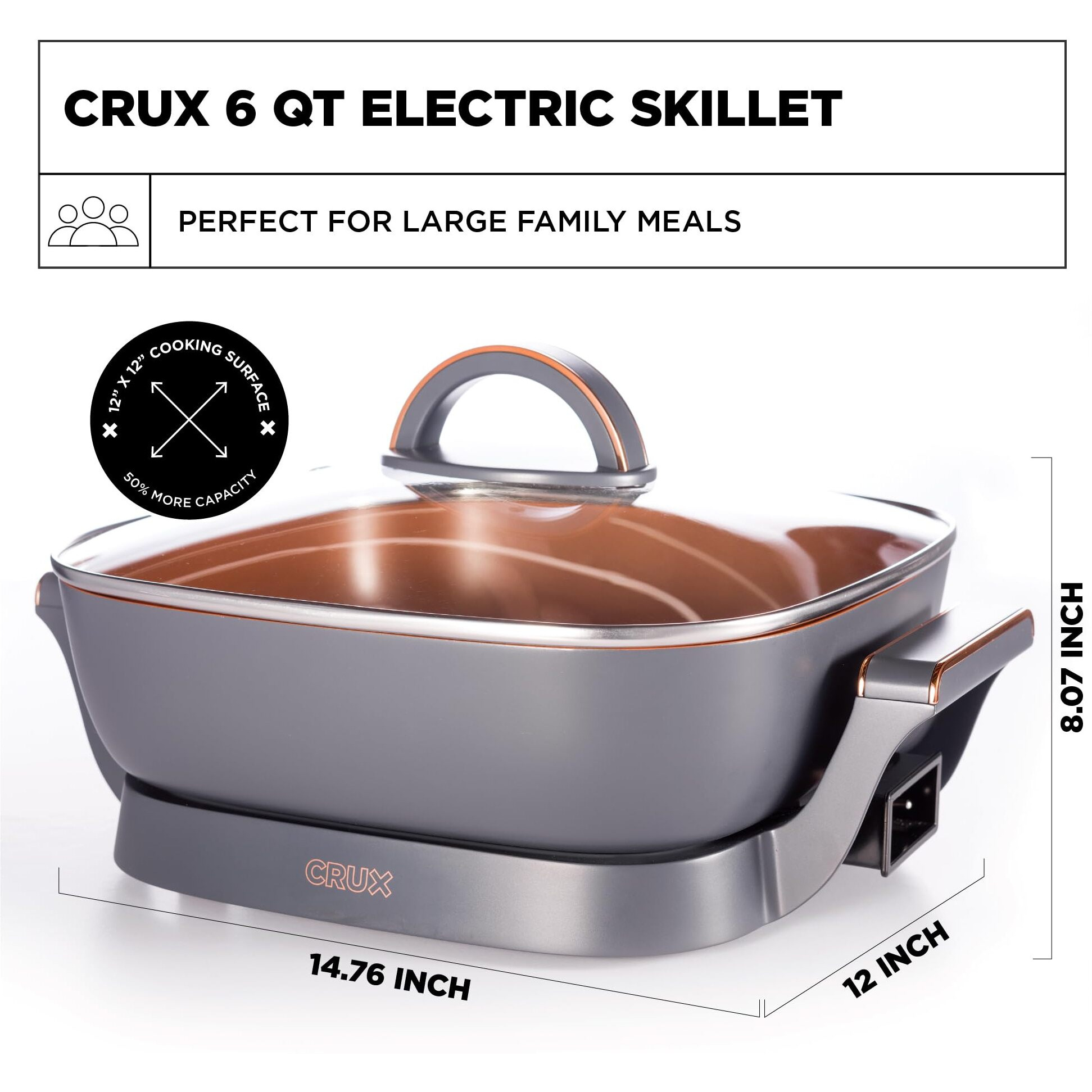 Crux Electric Skillet With Glass Lid - Nonstick Scratch Resistant Ceramic Pan, Extra Deep With Removable Temperature Probe, 12"" X 12"", 1400 Watts