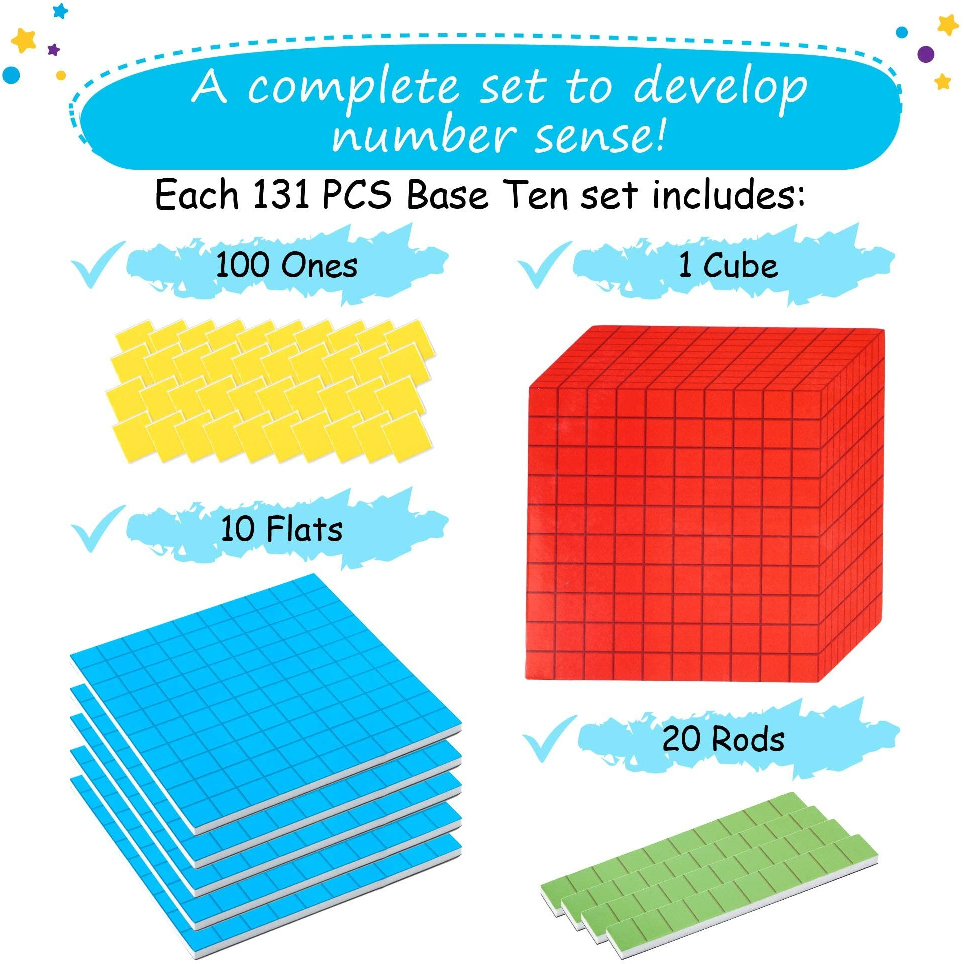 131 Pcs Jumbo Magnetic Base Ten Blocks For Math - Place Value Blocks, Base 10 Math Manipulatives K-3, Number Blocks, Math Counters For Kids, Math Cubes, Counting Blocks, Kindergarten 1St 2Nd 3Rd Grade
