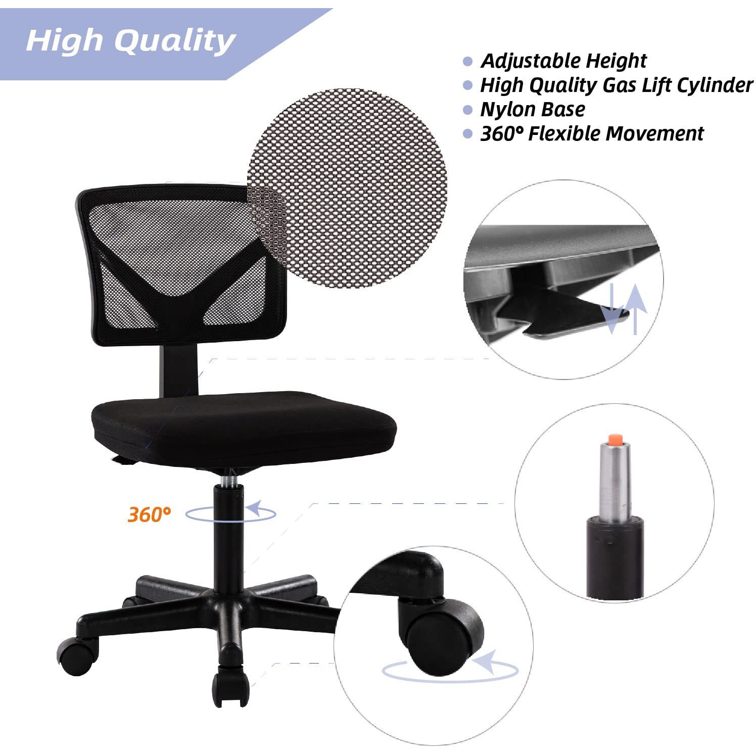 Swivel Computer Office Mesh Desk Chair Armless Small Desk Chair Adjustable Black Computer Task Chair No Armrest Mid Back Home Office Chair For Small Spaces