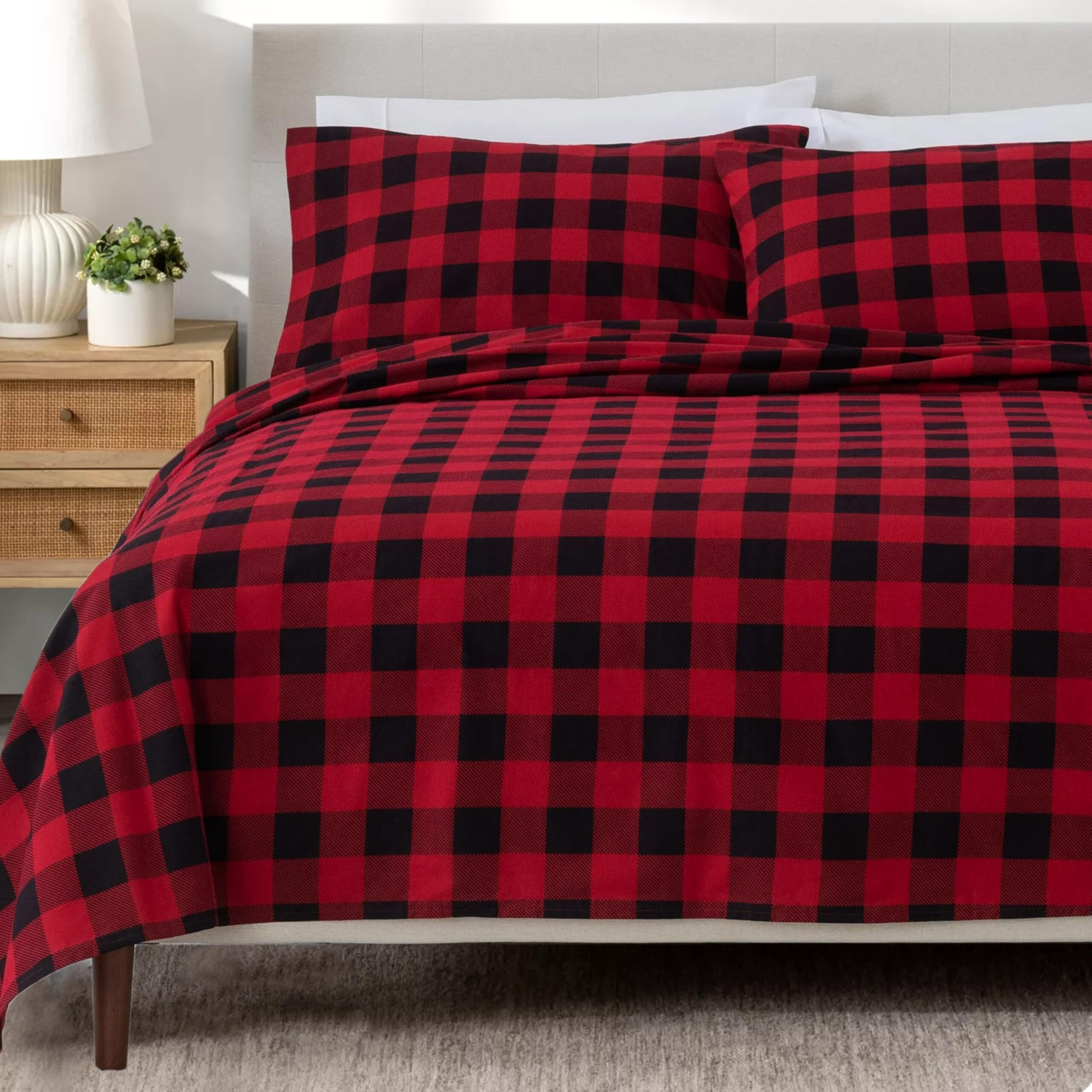 Bliss Casa 4 Piece 100% Cotton Flannel Sheet Set King - High Gsm Deep Pockets, Warm Breathable Flannel Sheet Set. Flannel Bed Set Include Flat Sheet, Fitted Sheet & Pillowcases (Buffalo Check)