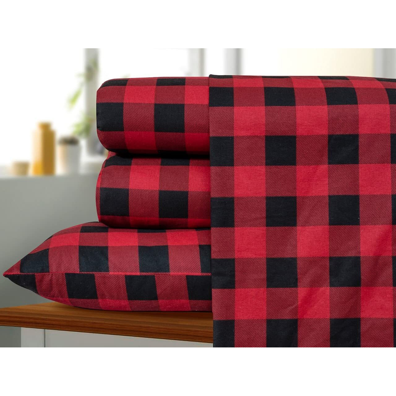 Bliss Casa 4 Piece 100% Cotton Flannel Sheet Set King - High Gsm Deep Pockets, Warm Breathable Flannel Sheet Set. Flannel Bed Set Include Flat Sheet, Fitted Sheet & Pillowcases (Buffalo Check)