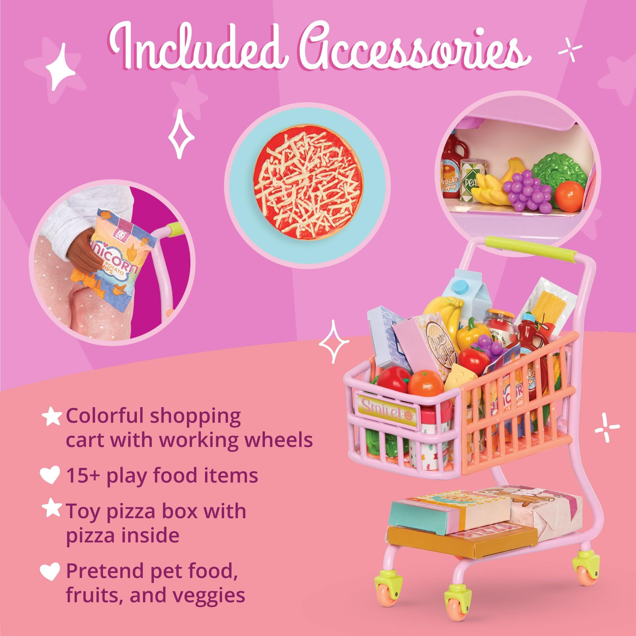 Glitter Girls - Shopping Cart Playset - Pink & Purple Rolling Grocery Cart - Play Food Pizza, Ice Cream, And Fruit - 14    Doll Accessories - Toys For Kids Ages 3 And Up