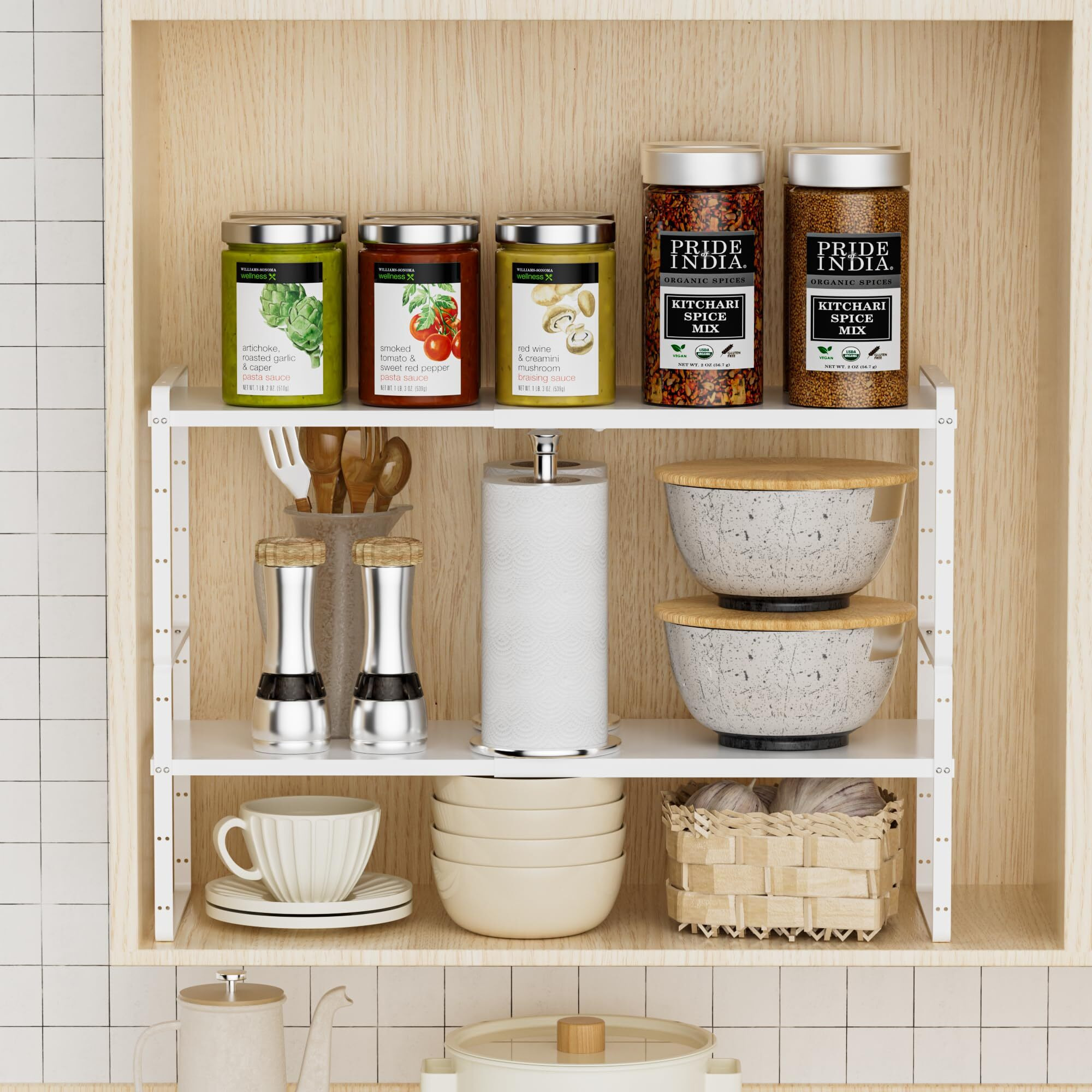 Wejipp Cabinet Organizer Shelf Expandable Cabinet Space Rack Stackable Shelves Adjustable Storage Shelf Riser For Kitchen Pantry Office,10.24"" D,White